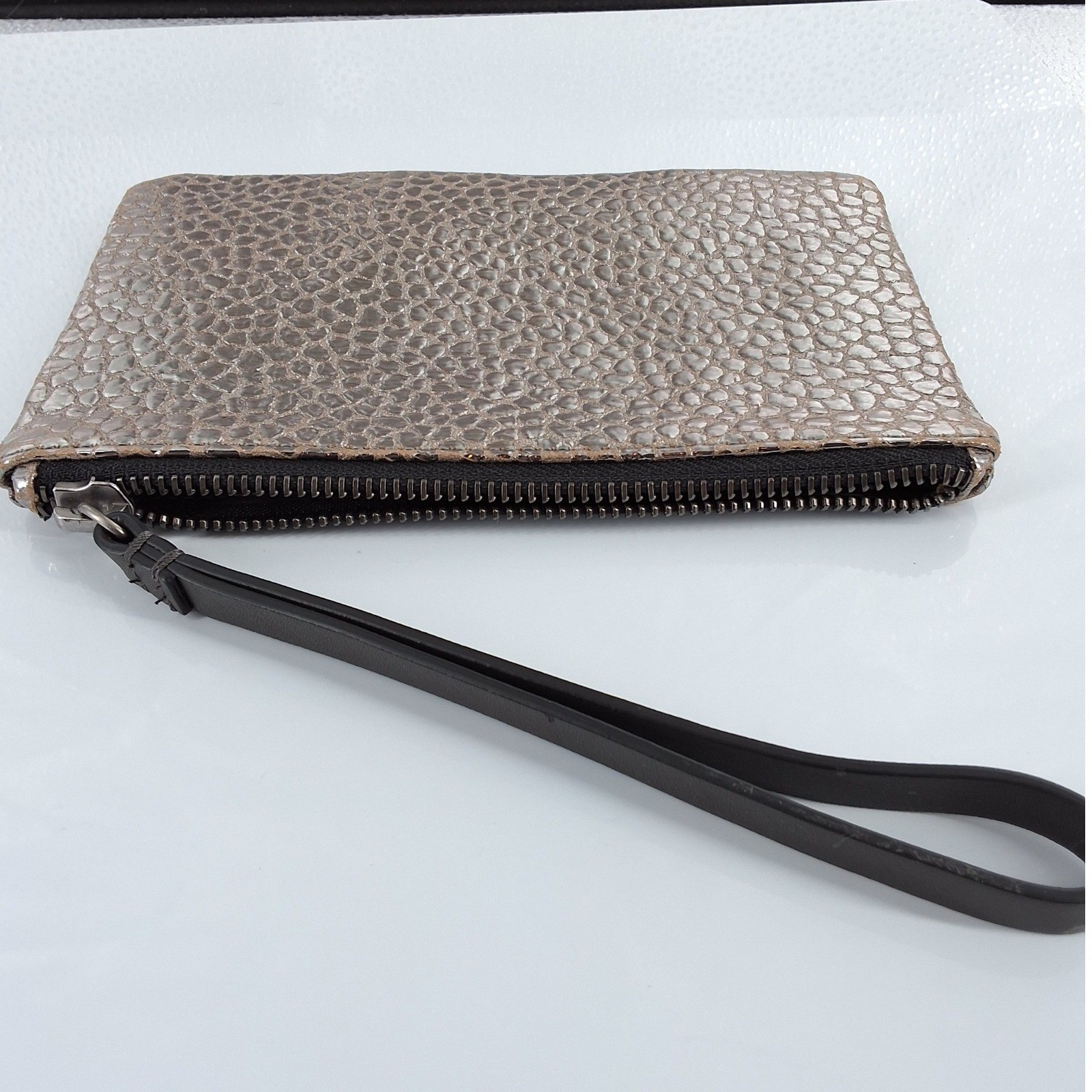 Brunello Cucinelli Metallic Bronze Pebble Leather Wristlet Pouch Zip Clutch