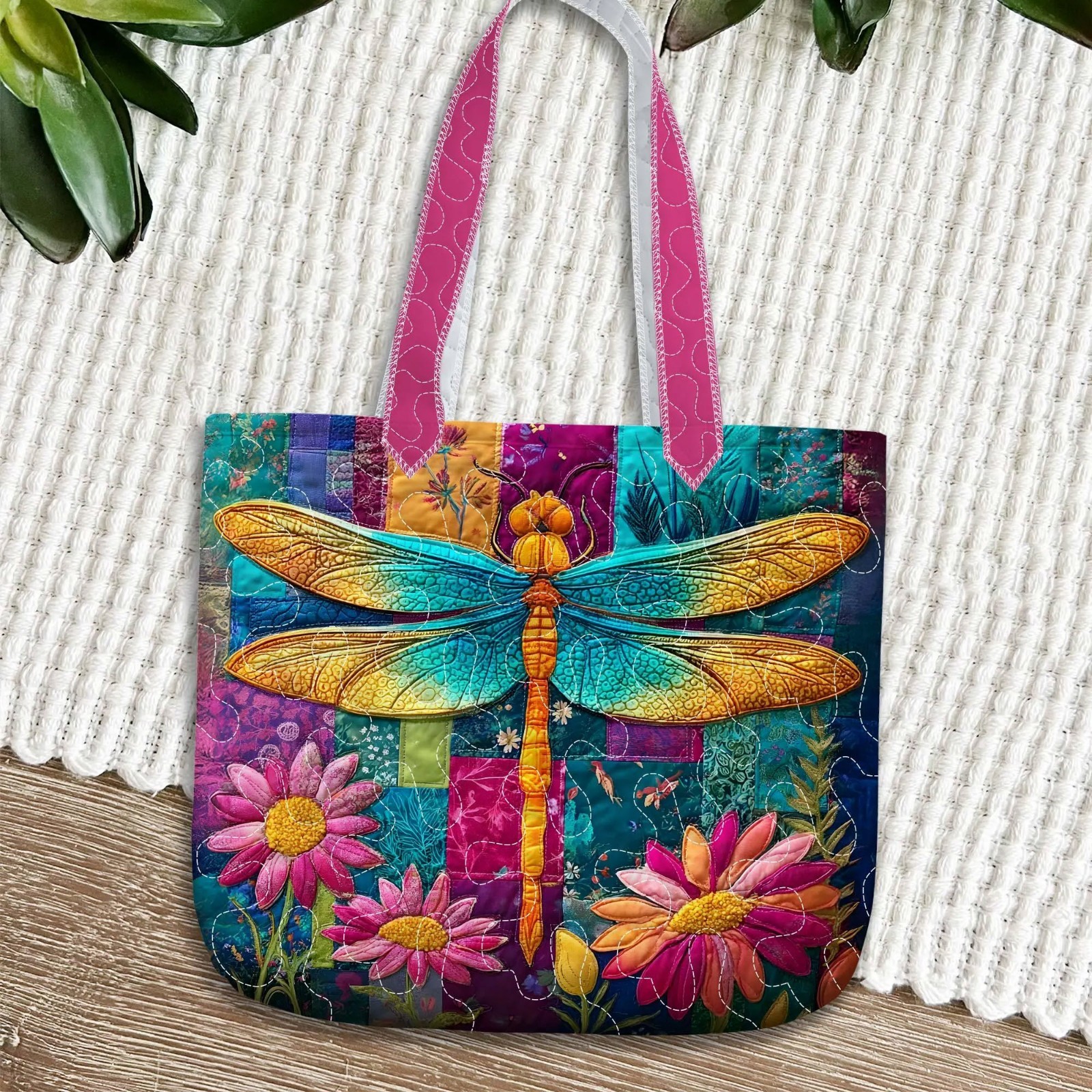 Colorful Dragonfly Quilted Tote Bag Wildflowers Boho Gift for Women Lovers Art!
