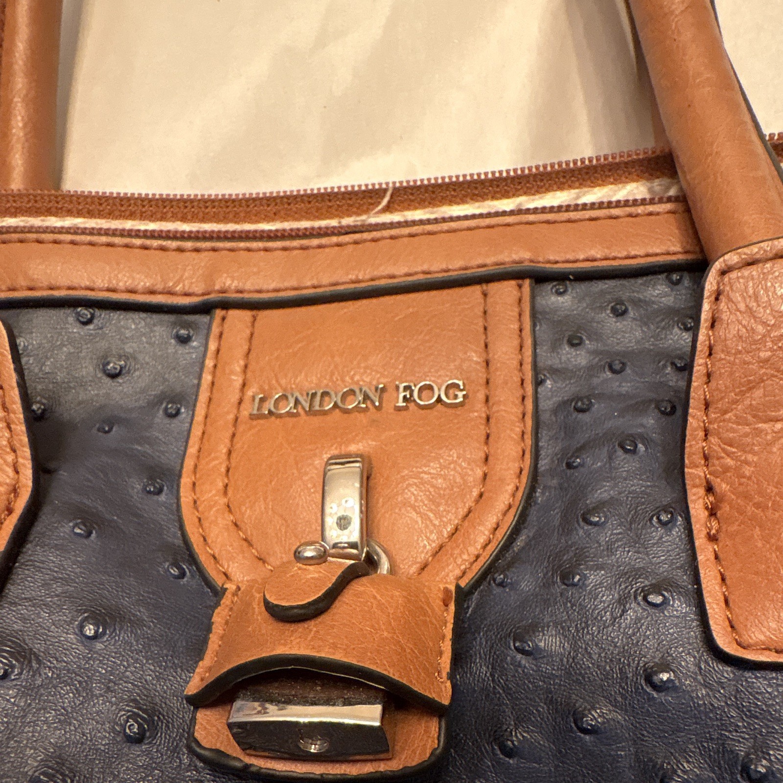London Fog Women’s Blue Ostrich Embossed Satchel Brown Trim Zip Detach Strap
