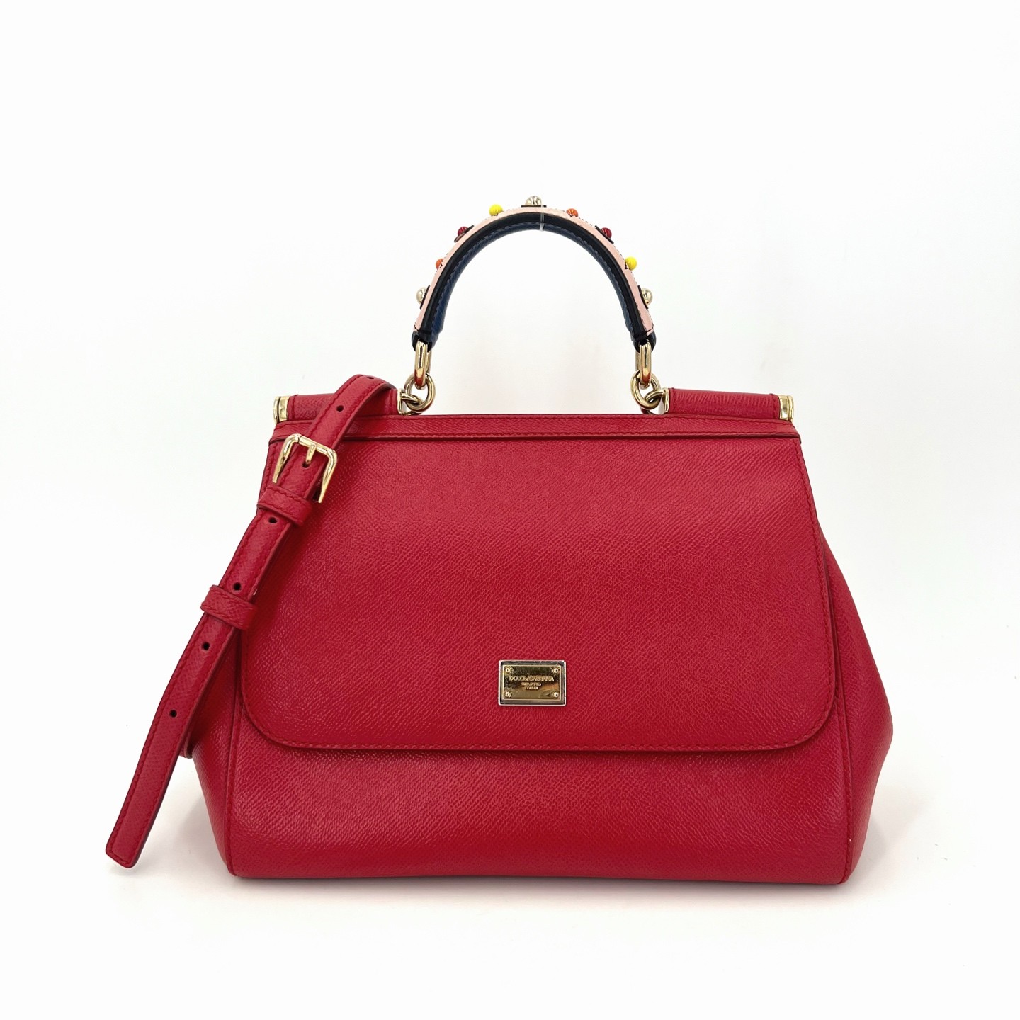 Dolce & Gabbana Sicily Red Leather Gold HW Top Handle Bag Duty Paid