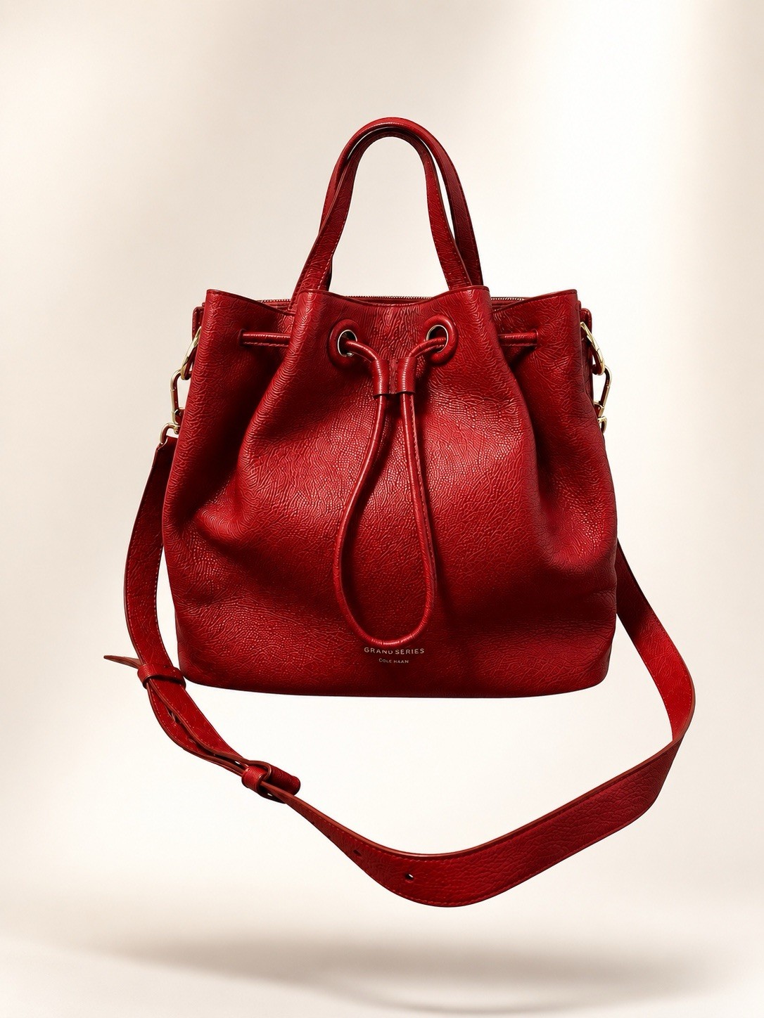 Cole Haan Grand Series Small Drawstring Bucket Bag Red Pebbled Leather Crossbody