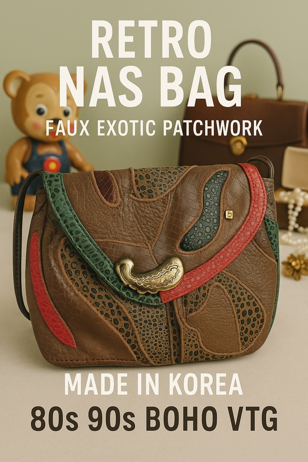 Retro NAS Bag Faux Exotic Patchwork Purse Made in Korea 80s 90s Boho VTG