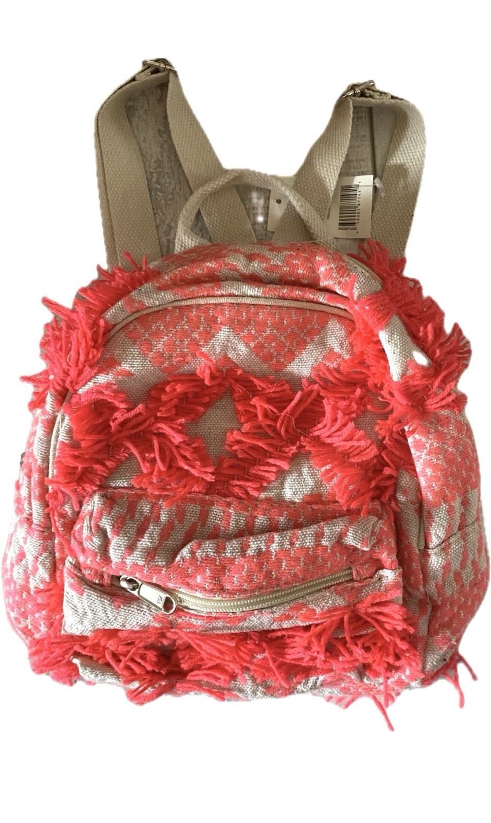 New Small Backpack Purse Travel Bag Neon Pink & Linen Canvas Fabric Zip Closure