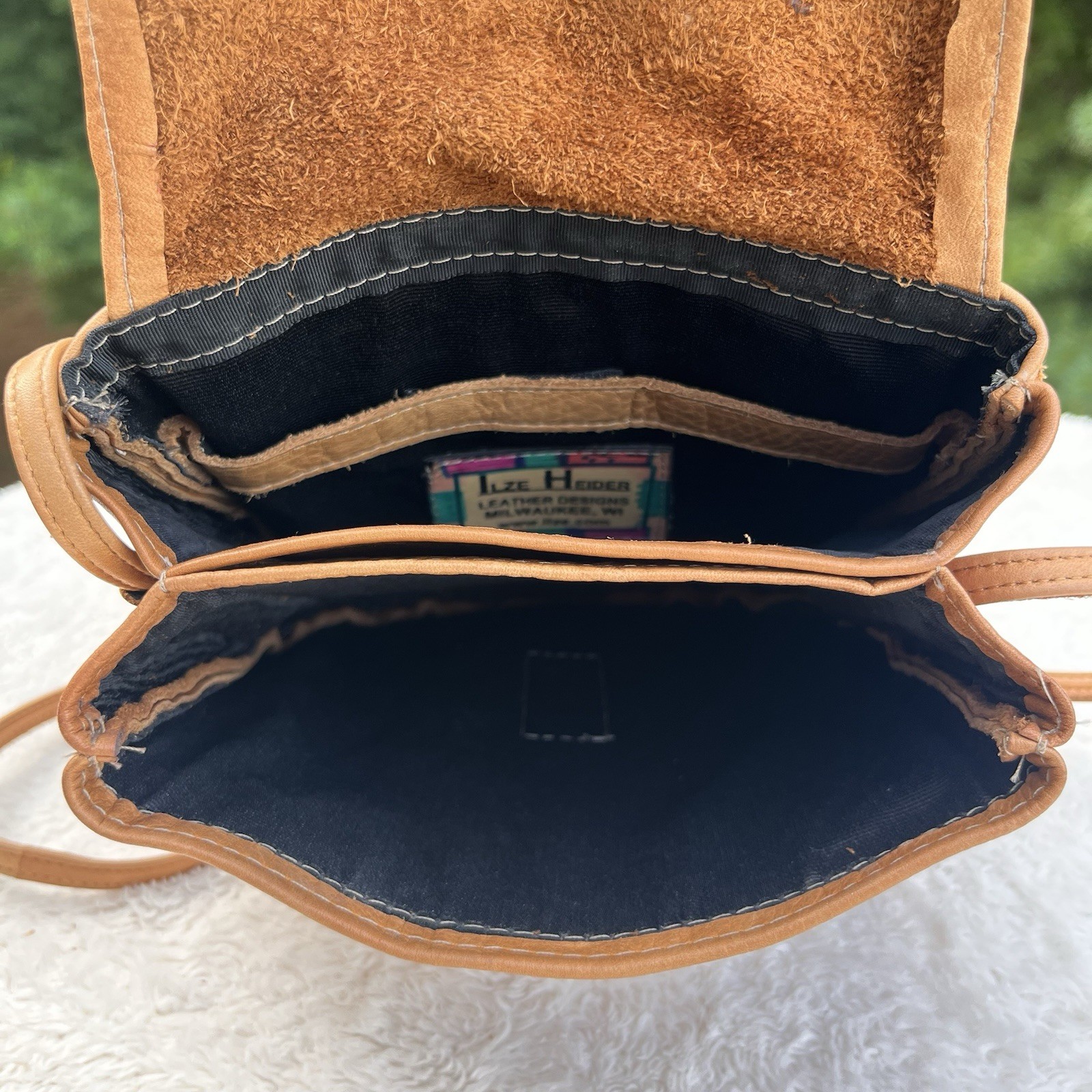 Ilze Heider Artisan-made Leather Crossbody Bag Tan Boho Western Flap Front Stone