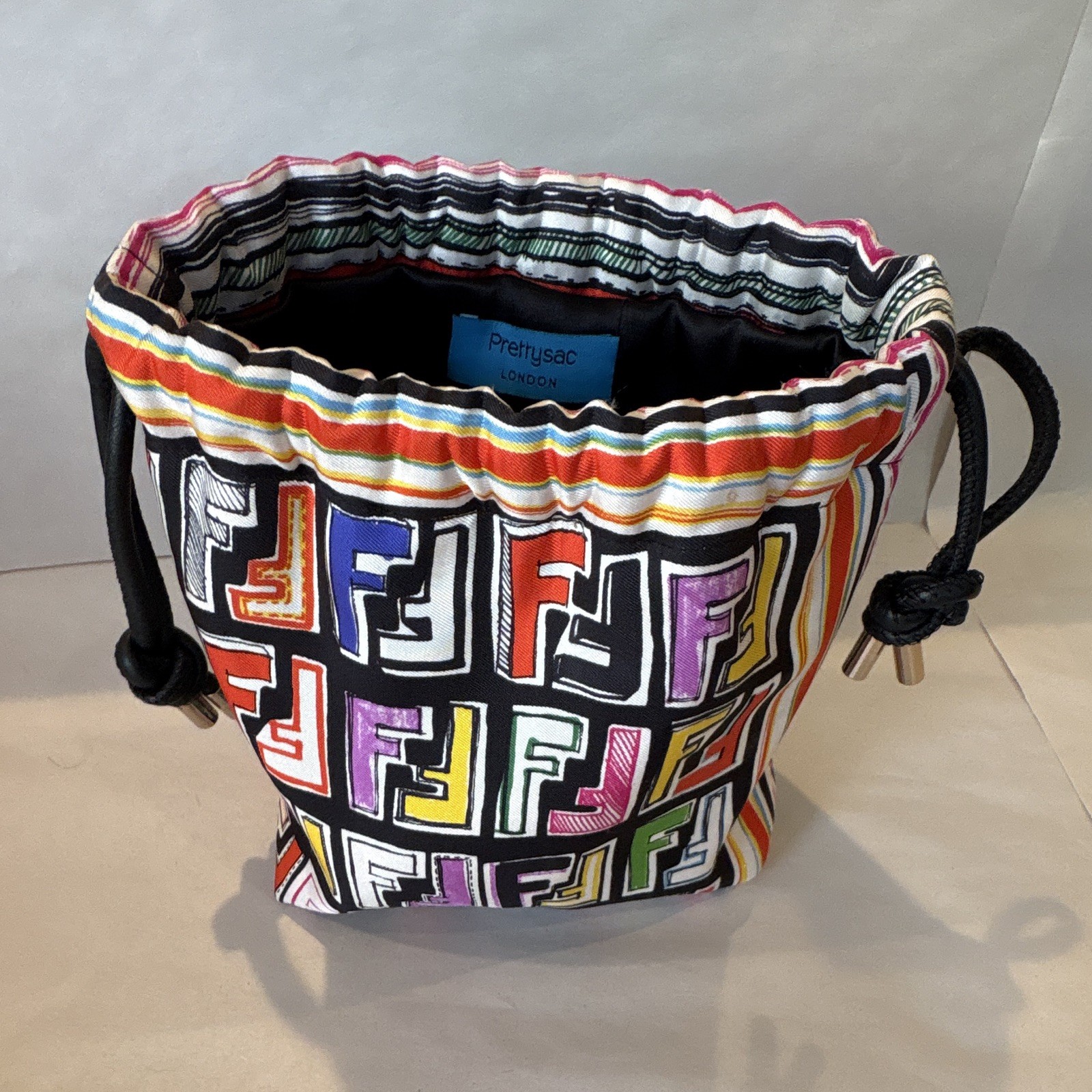Prettysac London Vintage Fendi Silk Scarf Multicolor FF Monogram Bucket Bag