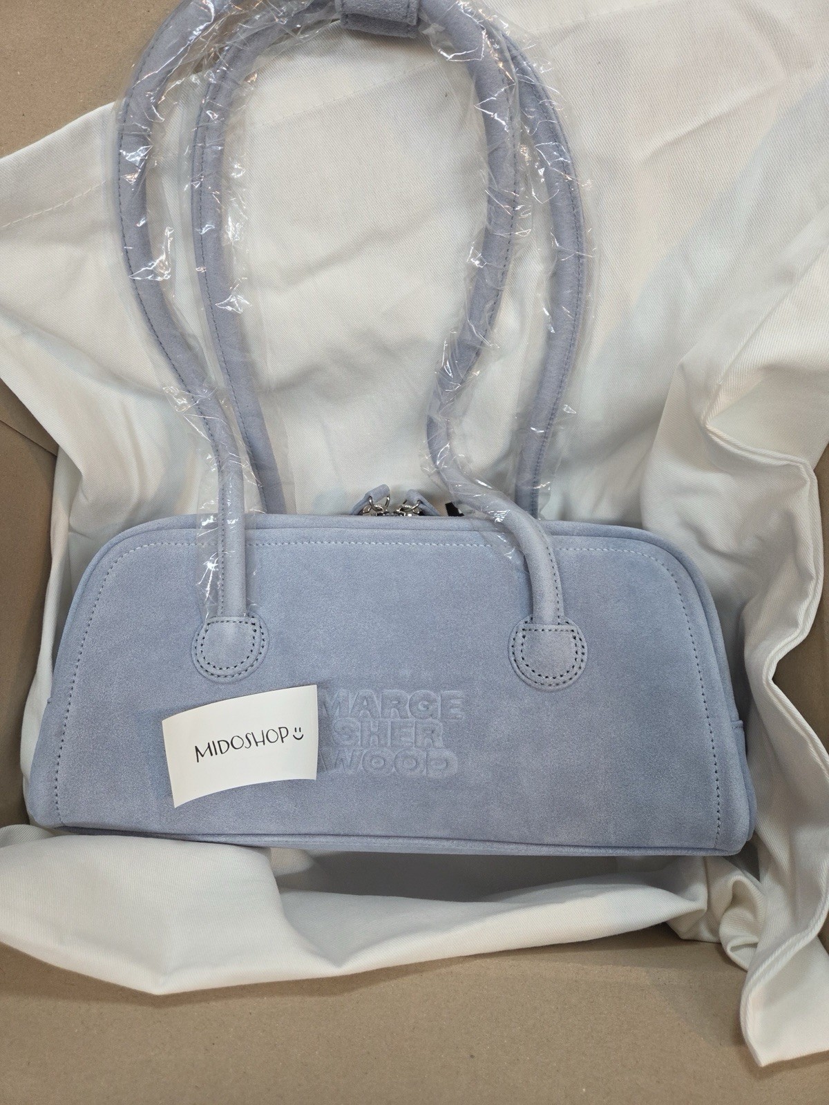 MARGE SHERWOOD Soft Baguette Shoulder Bag Blue Suede Embossed Logo Zip Pocket