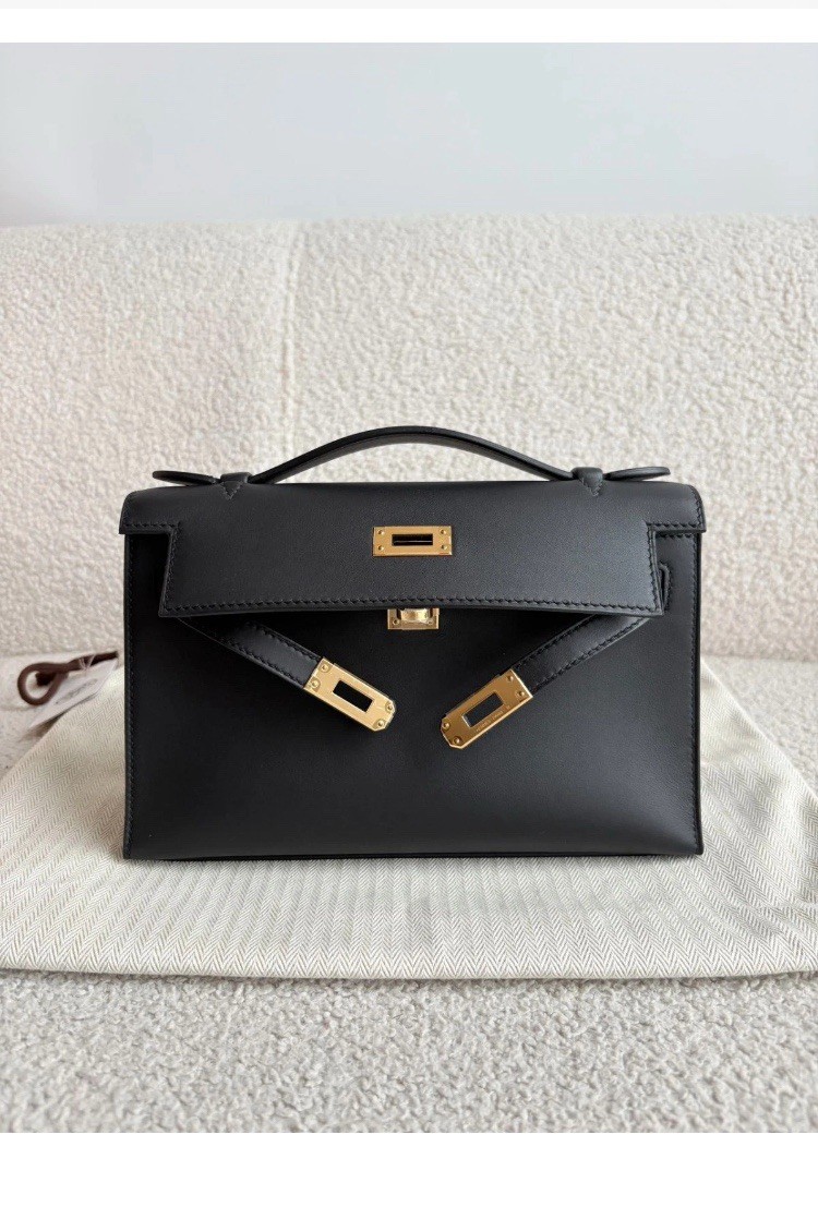 Hermes Kelly Pochette W Stamp Black Swift Gold Hardware