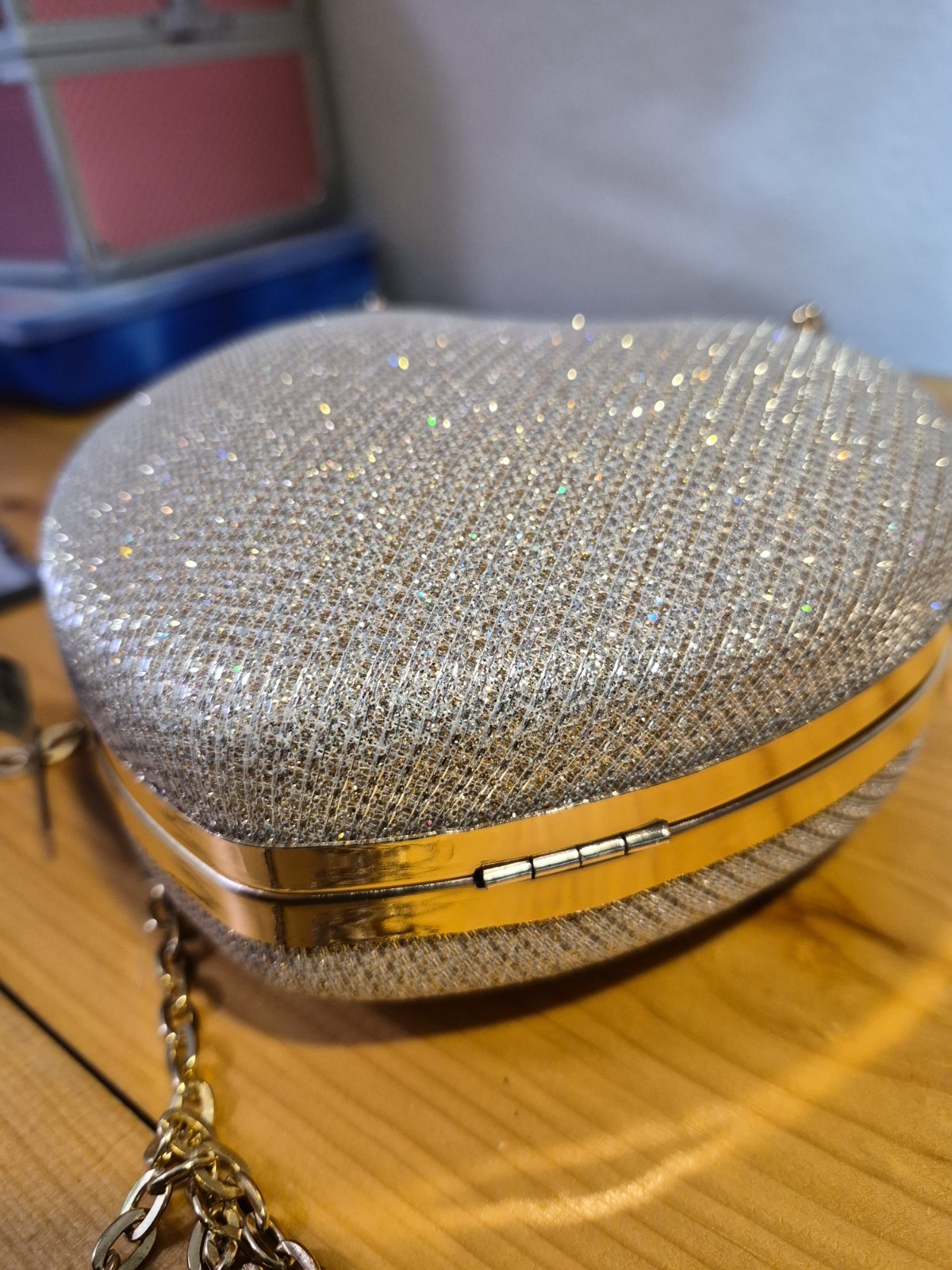 Silver Metallic Heart Rhinestone Clutch w/ Detachable Gold Chain Strap, Lined