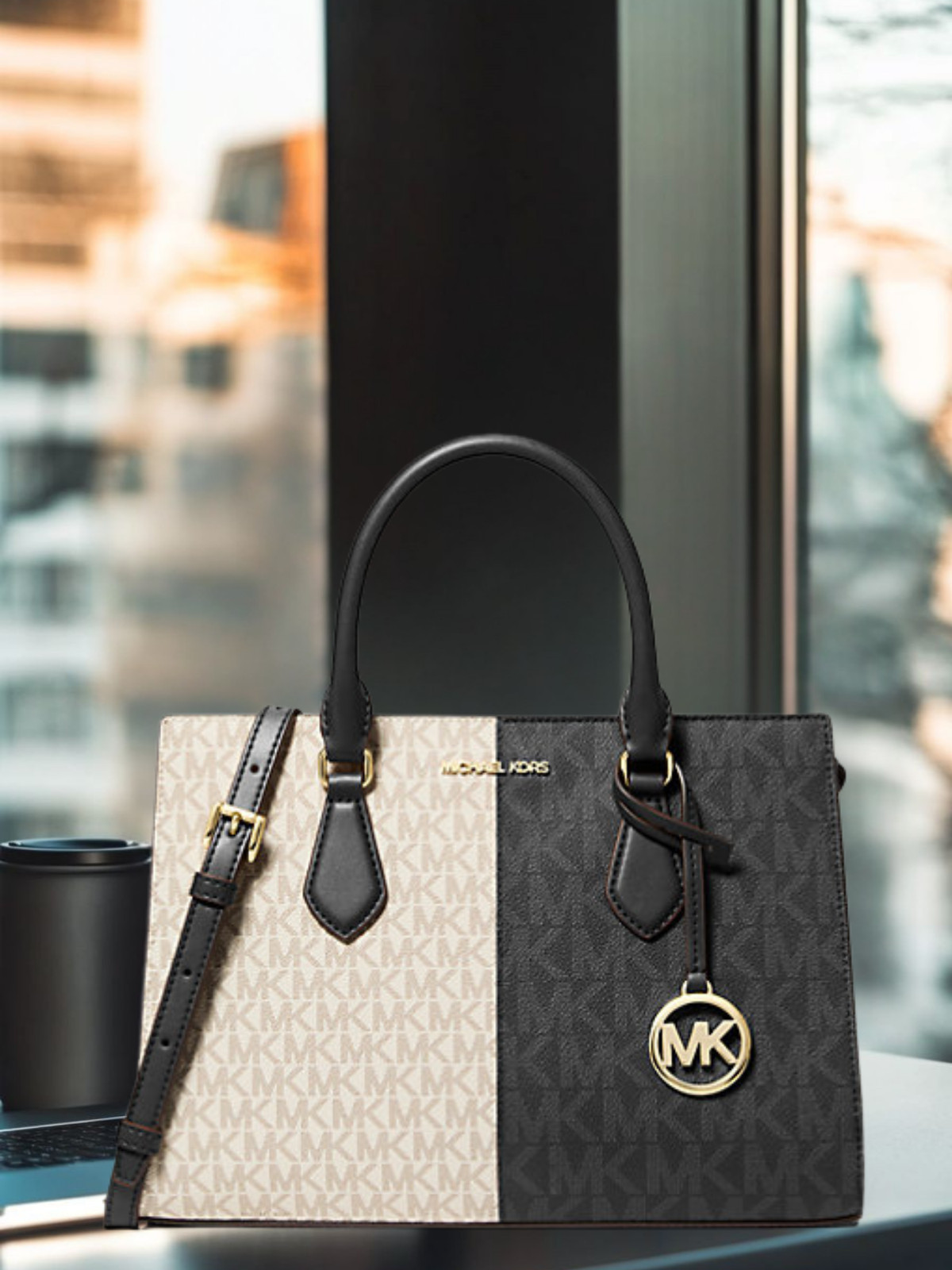 Michael Kors Sheila Medium Two-Tone Metallic Logo Satchel Women Bag Black Multi