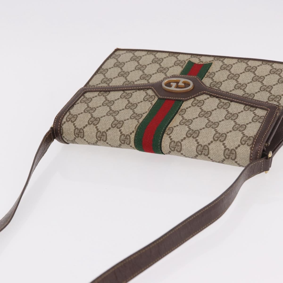 GUCCI GG Supreme Web Sherry Line Shoulder Bag PVC Beige Gold Auth 189927