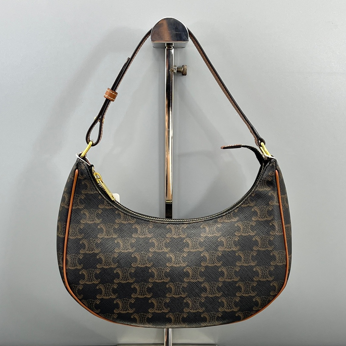 Celine Ava Triomphe Canvas Brown Leather Gold Zippy Hobo Shoulder Handbag