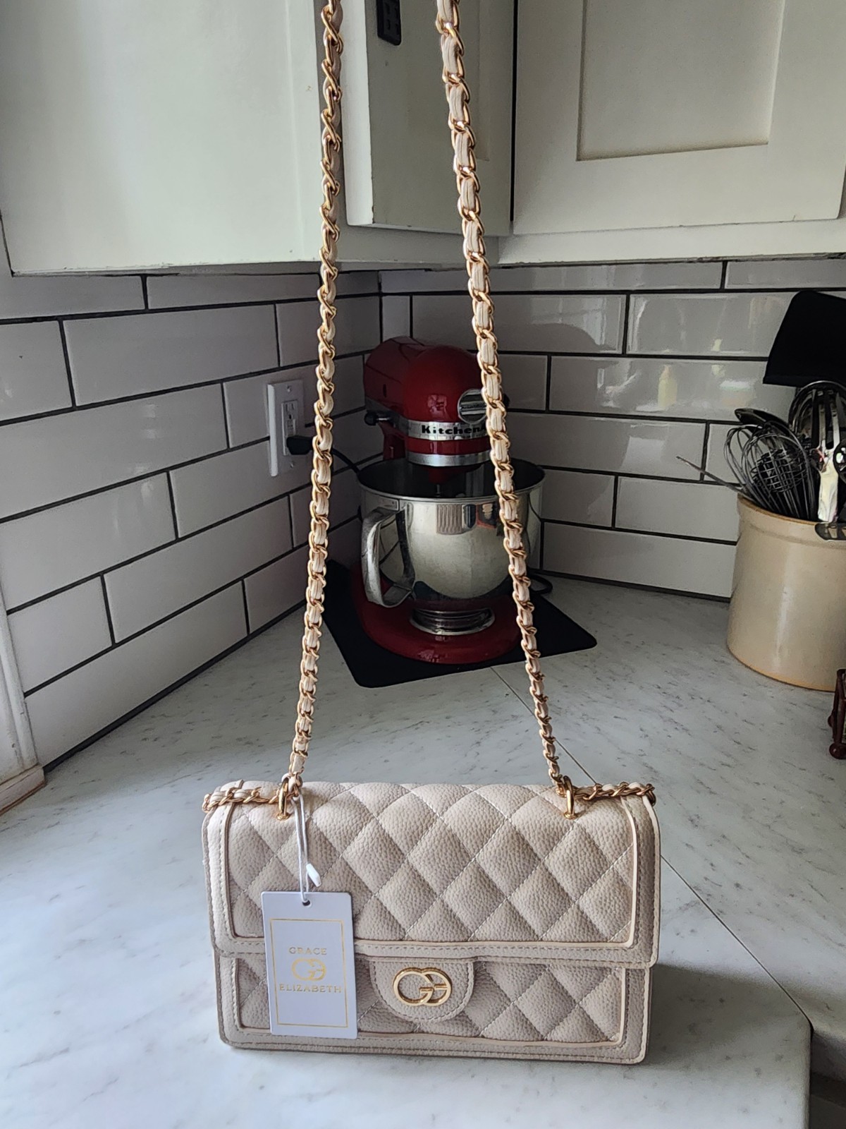 Grace Elizabeth Quilted Beige Small Crossbody Bag w/Gold Chain Strap, Logo