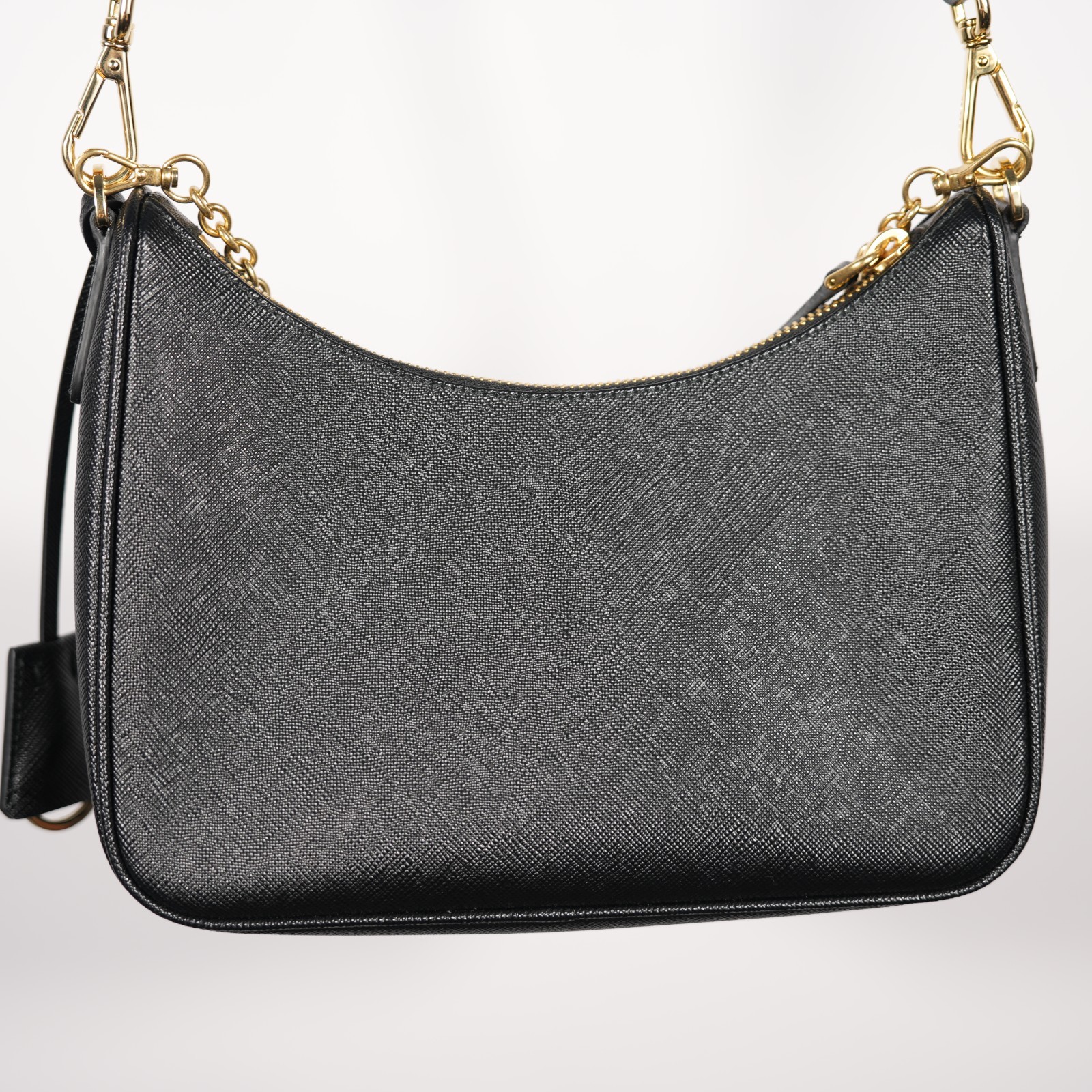 PRADA Re-Edition 2005 Black Gold Saffiano Leather Shoulder Bag with Pouch