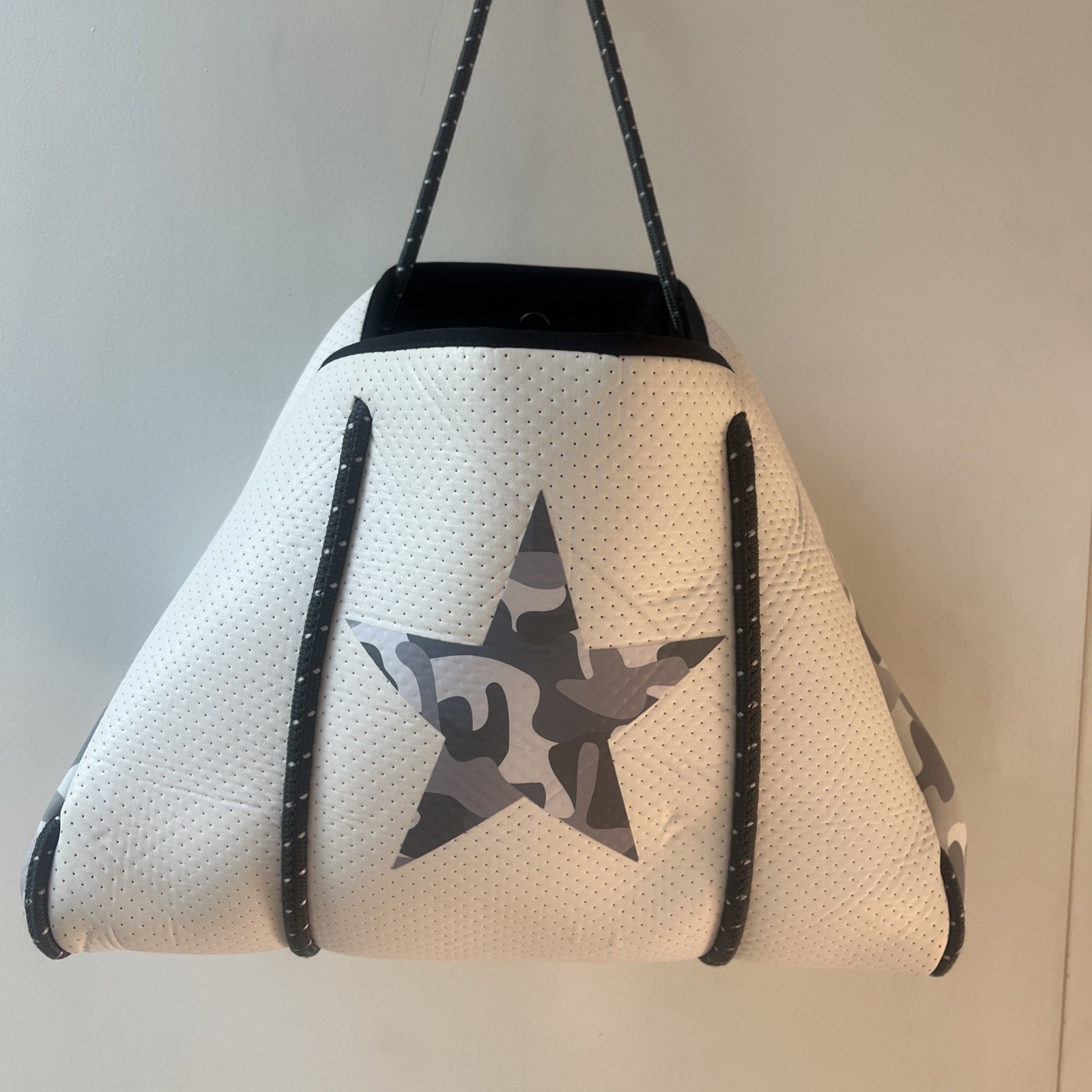 Haute Shore Greyson Neoprene Tote Expandable Bag Grey White Blk. Camouflage Star