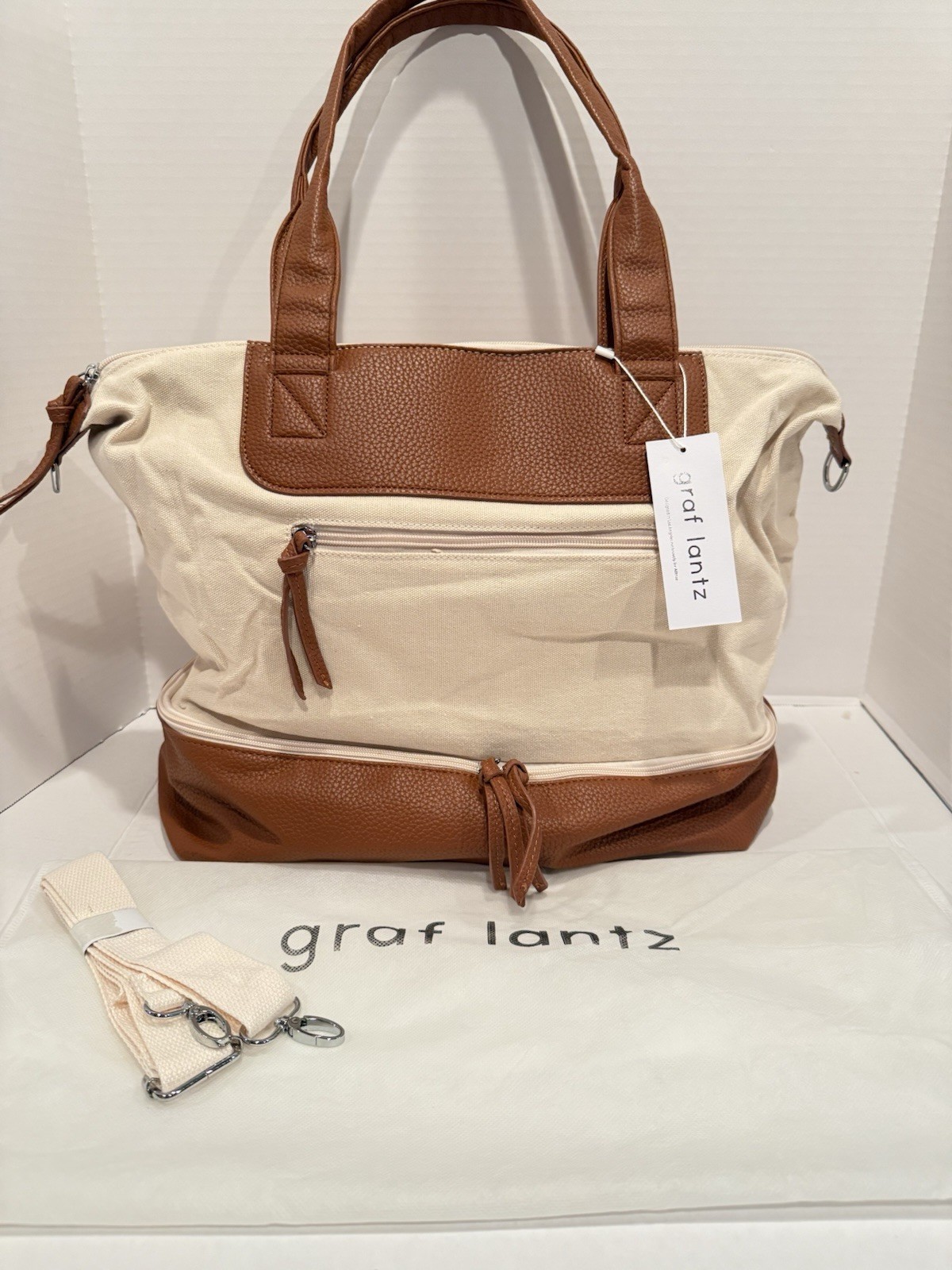 NEW Graf Lantz Cream & Vegan Leather Carry-On Weekender Travel Tote Bag