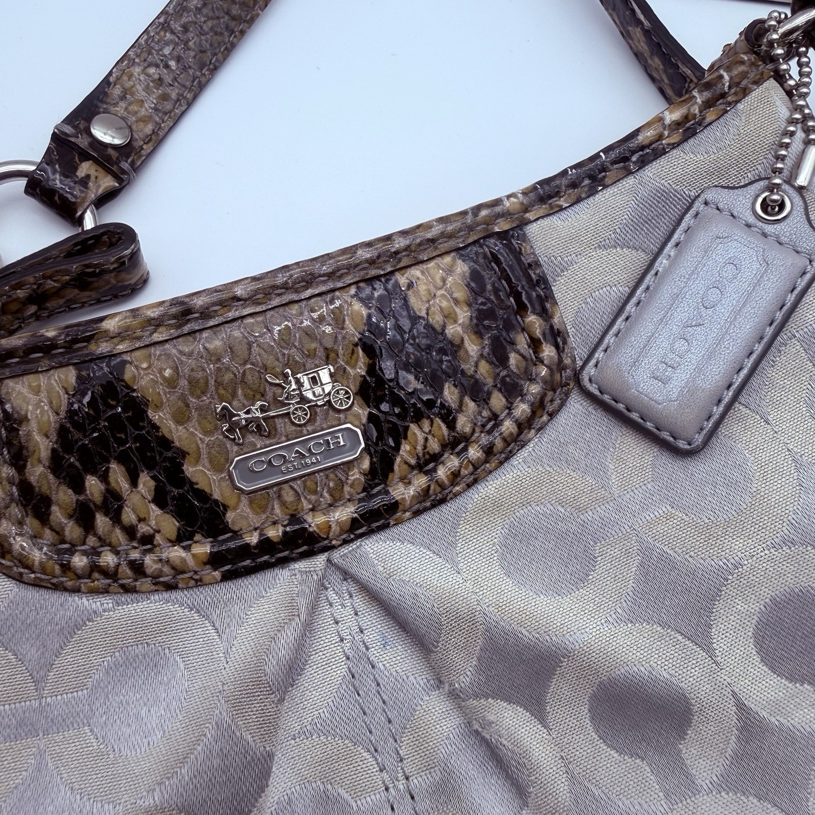 coach Madison Op Art Steel Gray Sateen Swingpack With Snake Embossed Trim