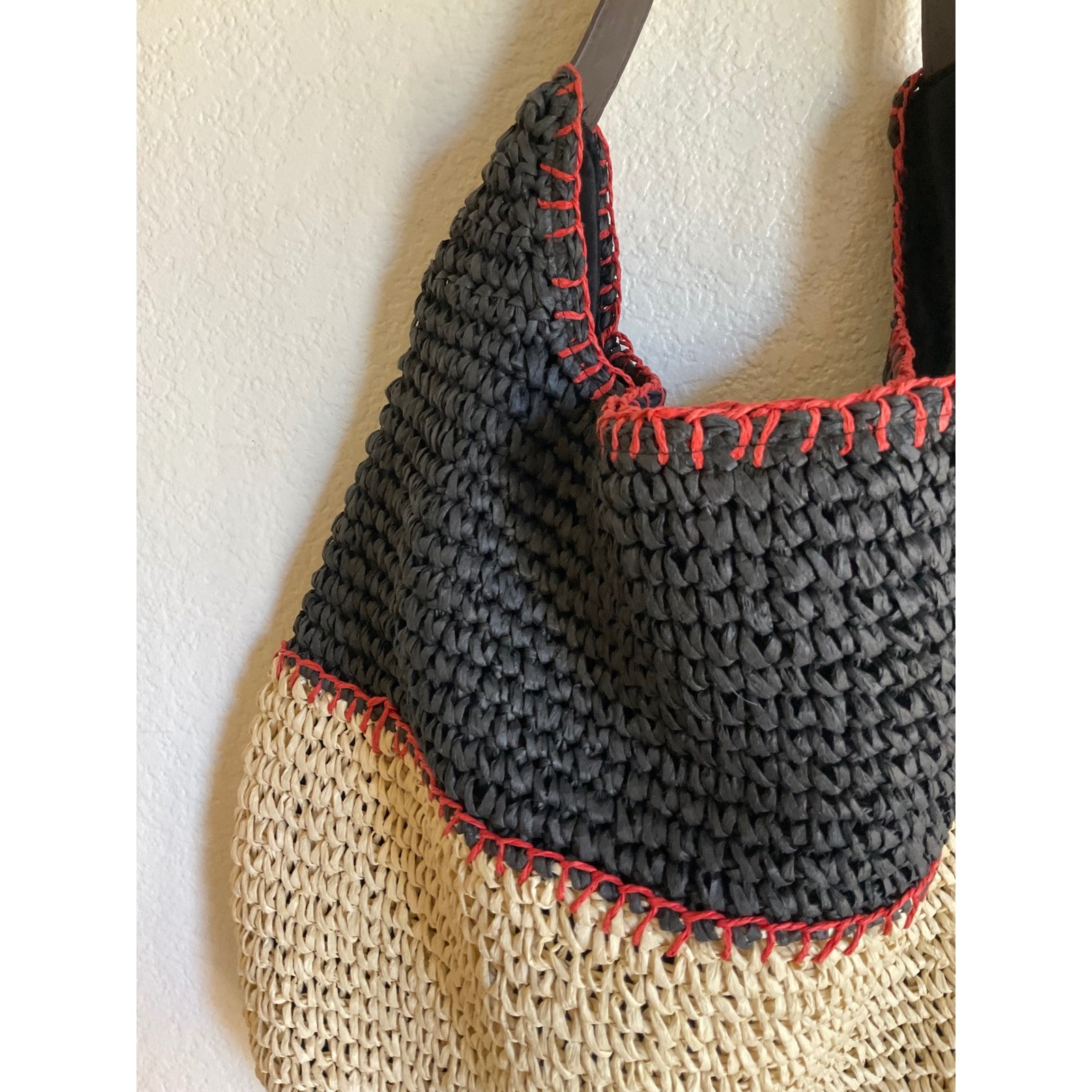 Sonoma Goods For Life Woven Straw Hobo Bag Black Tan Colorblock Red Whipstitch