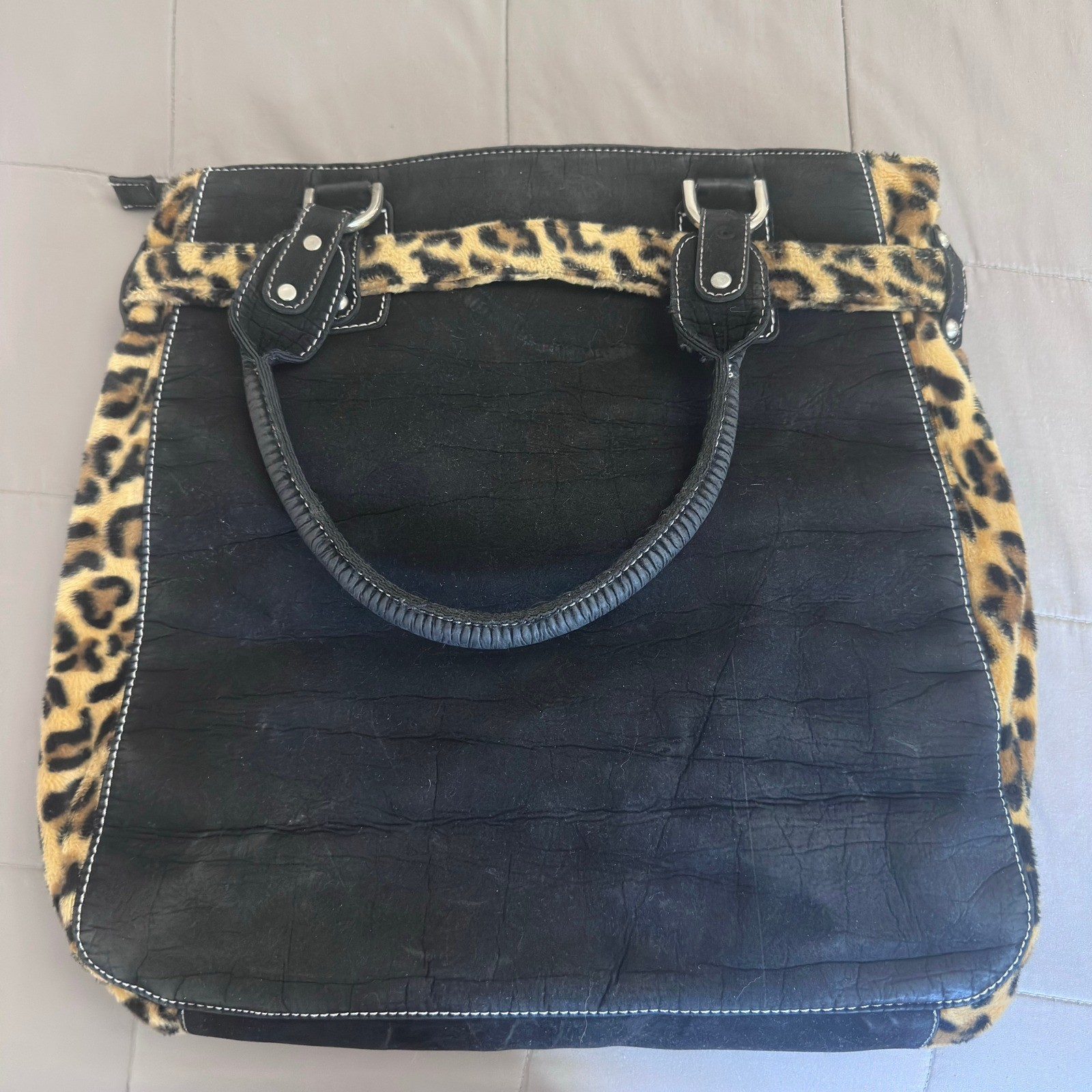 Nicole Lee Large Tote Bag Black Leopard Faux Suede Kiss Lock Y2K Buckle Hobo
