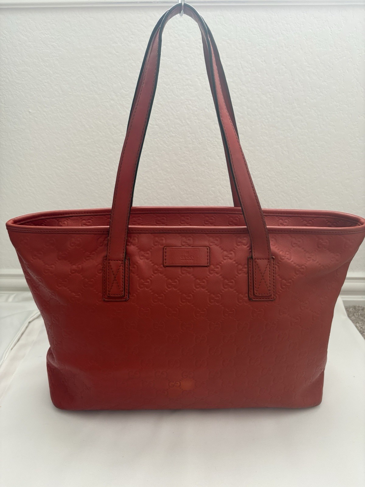Authentic Gucci Guccissima GG Red Embossed Leather Medium Tote Bag