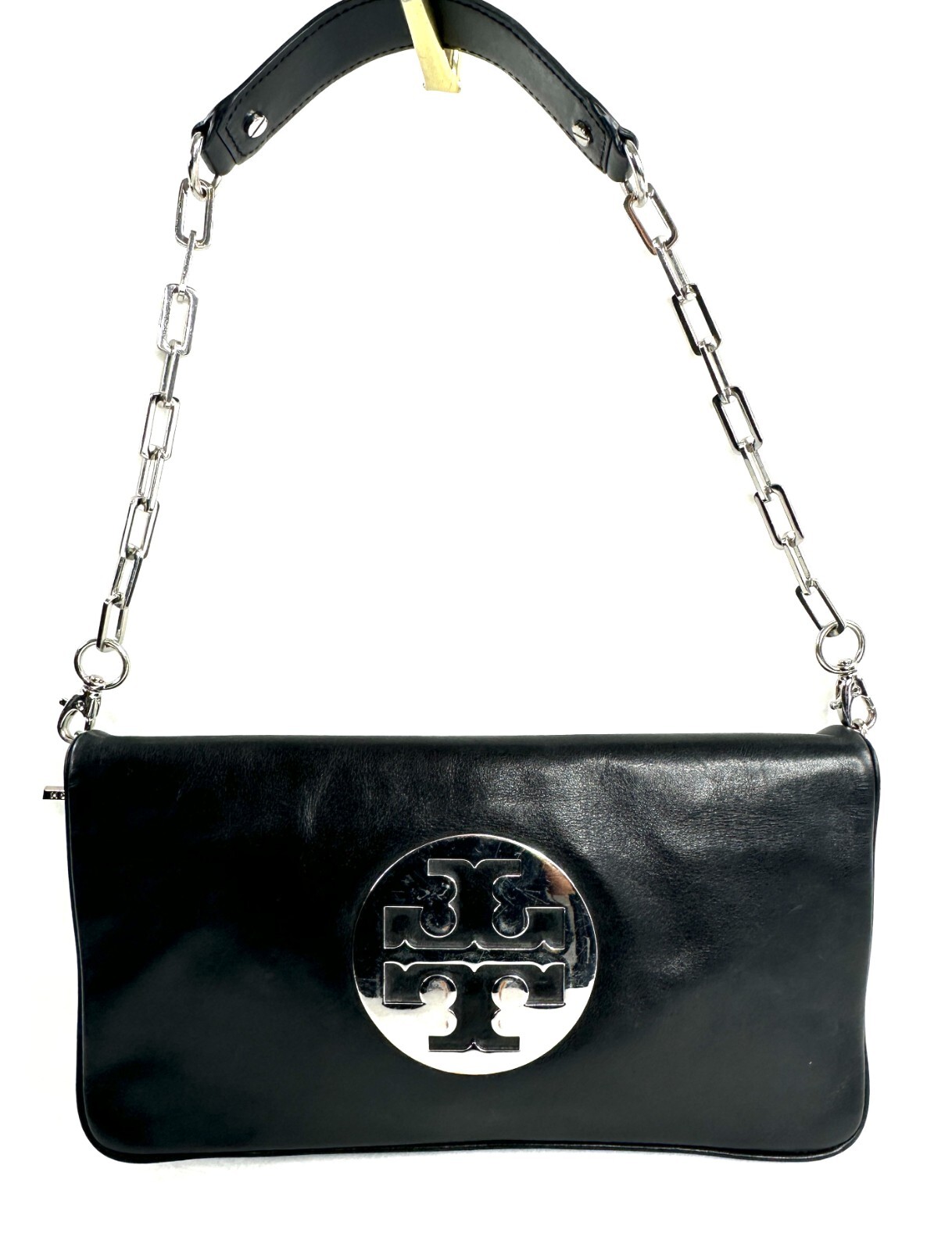 Tory Burch Reva Black Leather Fold Over Clutch Shoulder Bag Chain Strap Silver