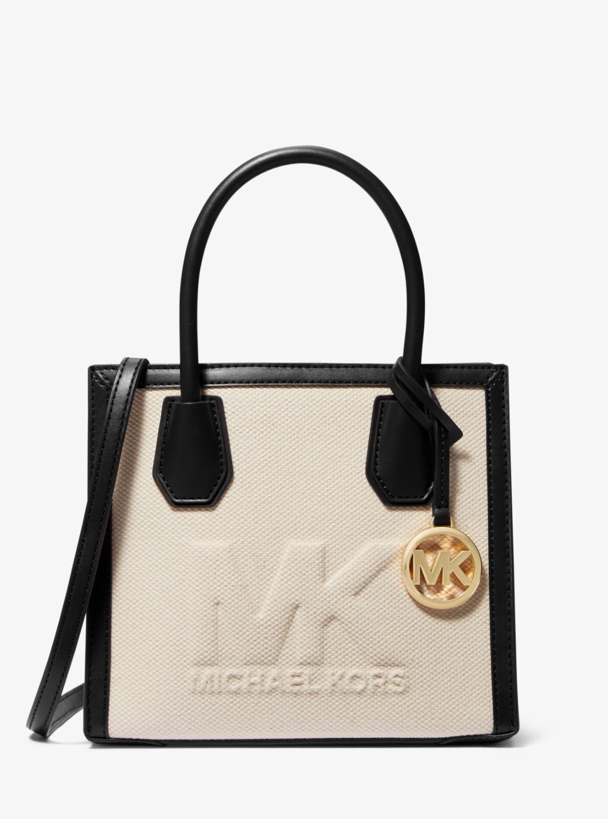 Michael Kors Mercer Natural Canvas Black Leather Medium Crossbody Satchel Bag