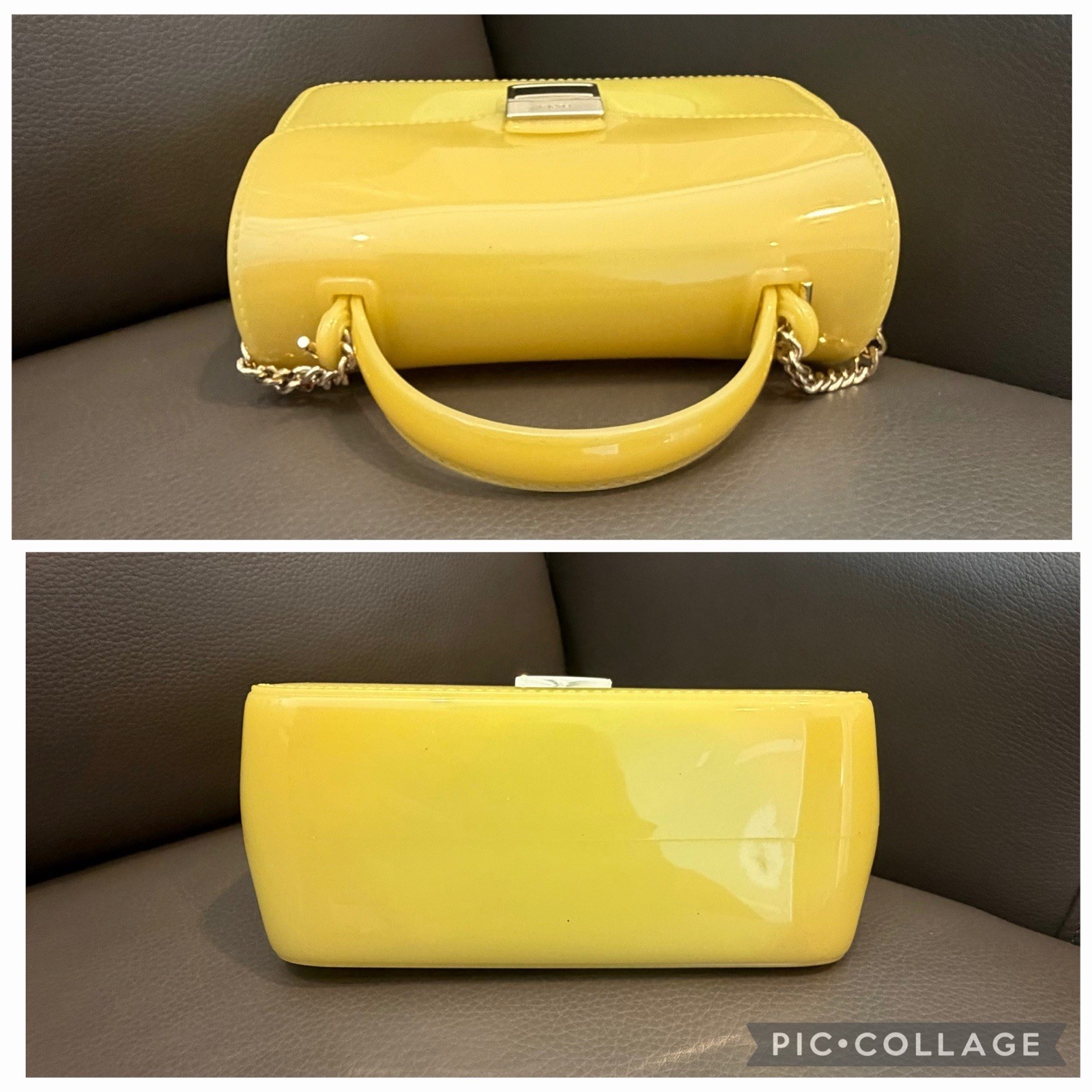 Furla Yellow Small Top Handle Bag Turn Lock w/ Detachable Chain Strap Gold