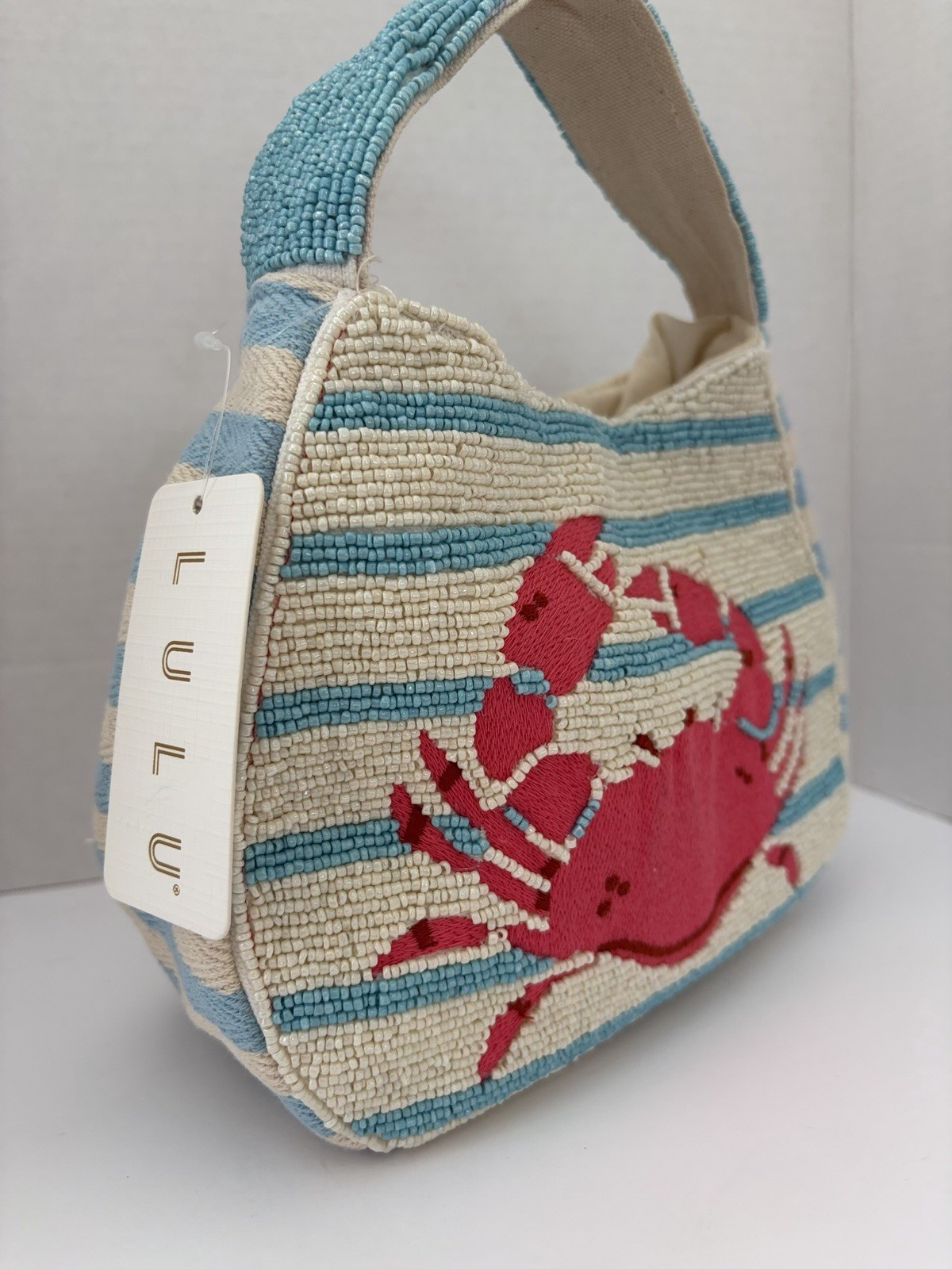 Beaded Crab Striped Top Handle Bag Small Blue/Beige/Red Nautical Beach