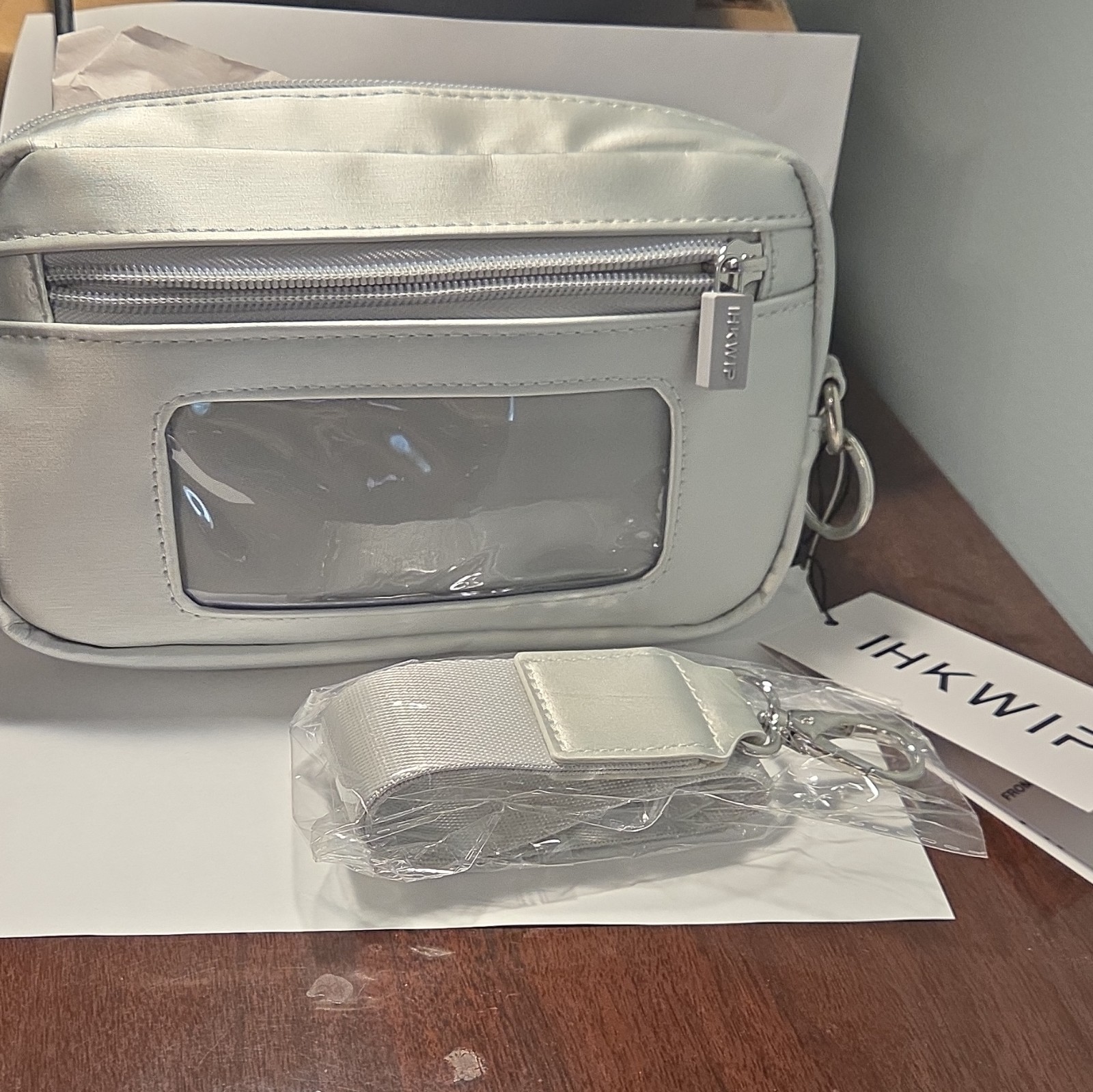 IHKWIP Metallic Silver RFID Wristlet Wallet Detachable Strap Zip ID Window