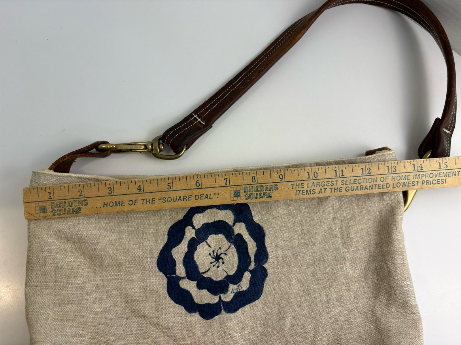 Hand Crafted Shoulder Tote Bag Linen Cotton Canvas Blue Flower Leather Strap