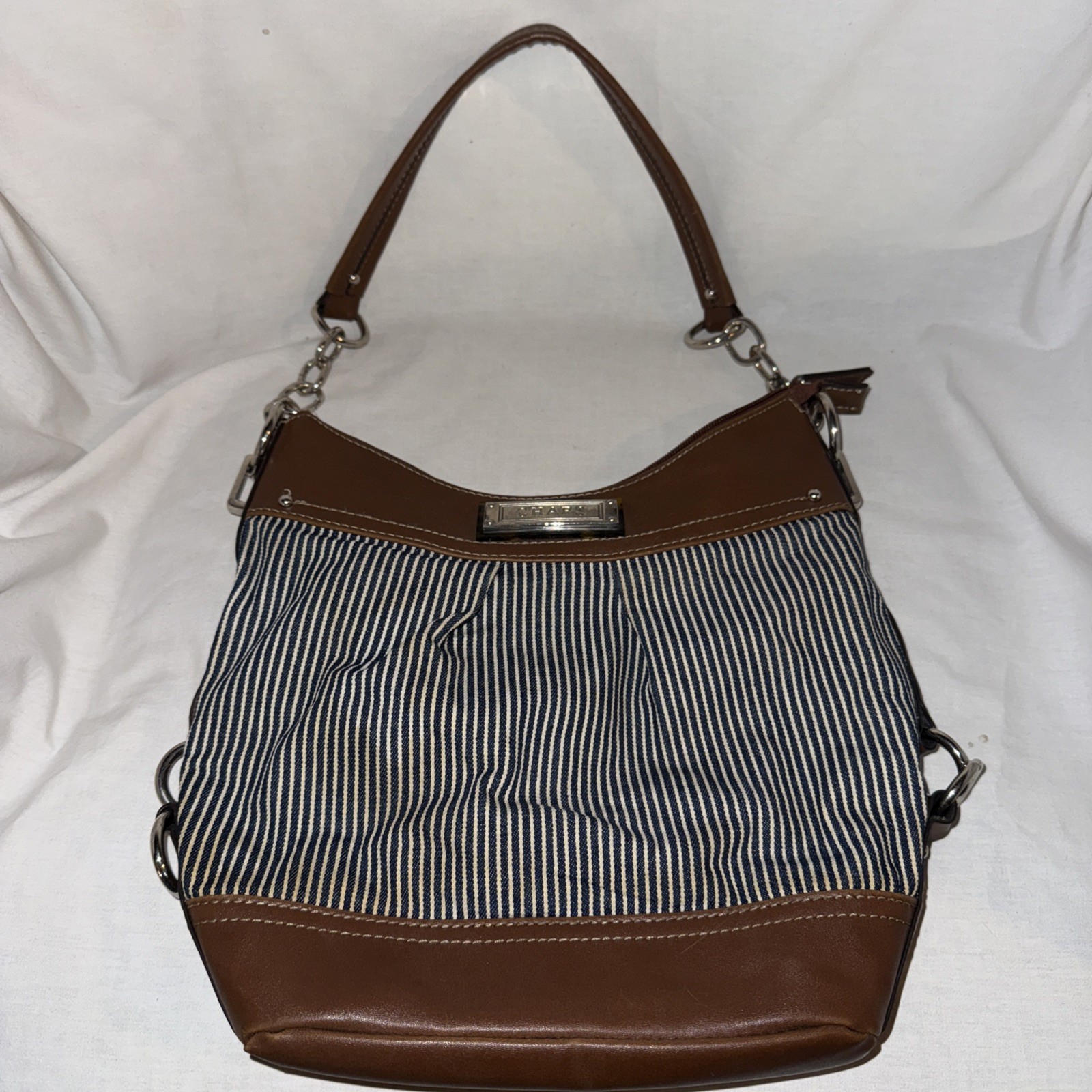 Chaps Women’s Purse Shoulder Strap Navy And White Stripe Brown Trim