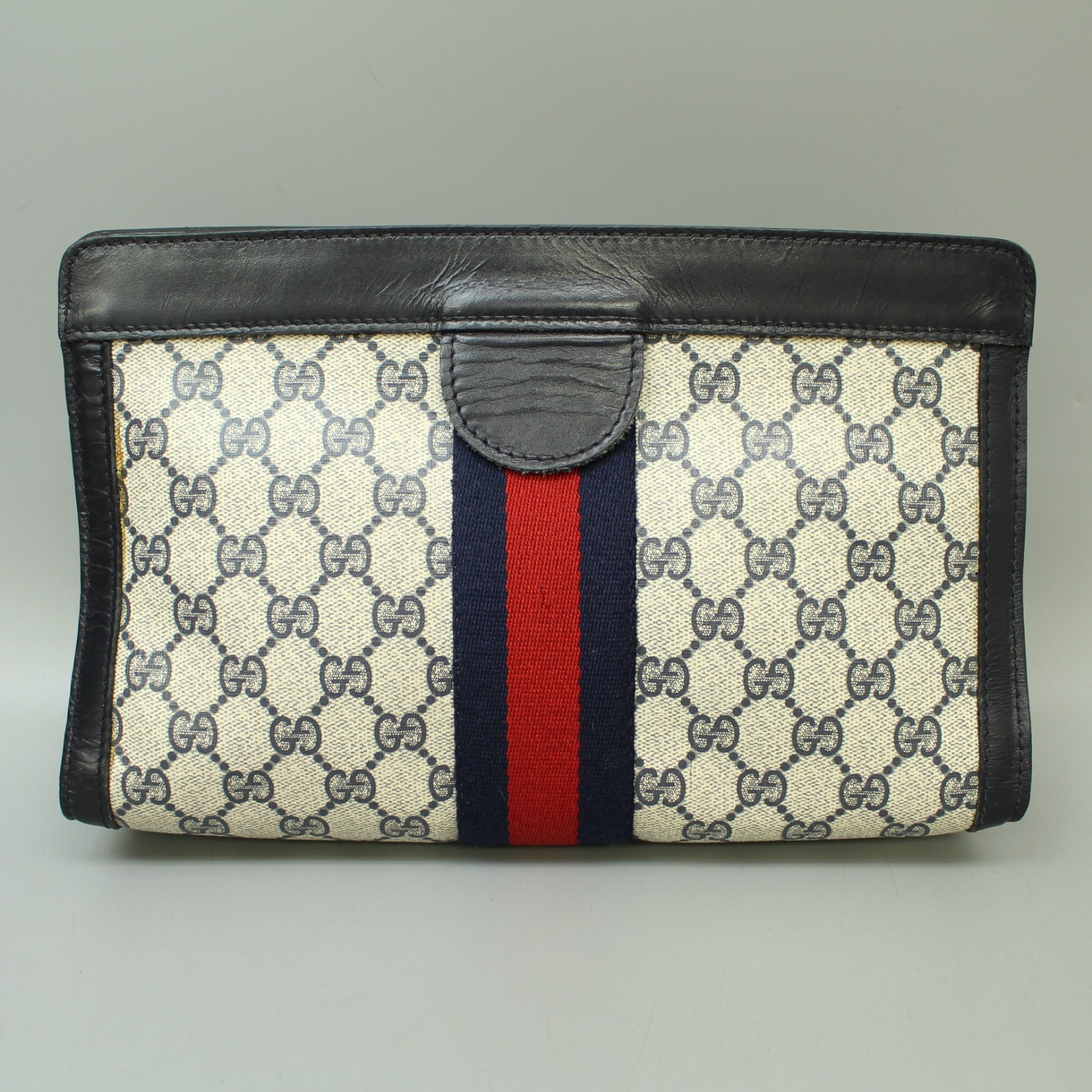 Gucci Vintage GG Pattern PVC Canvas Leather Clutch Bag Pouch Navy Gucci Parfums
