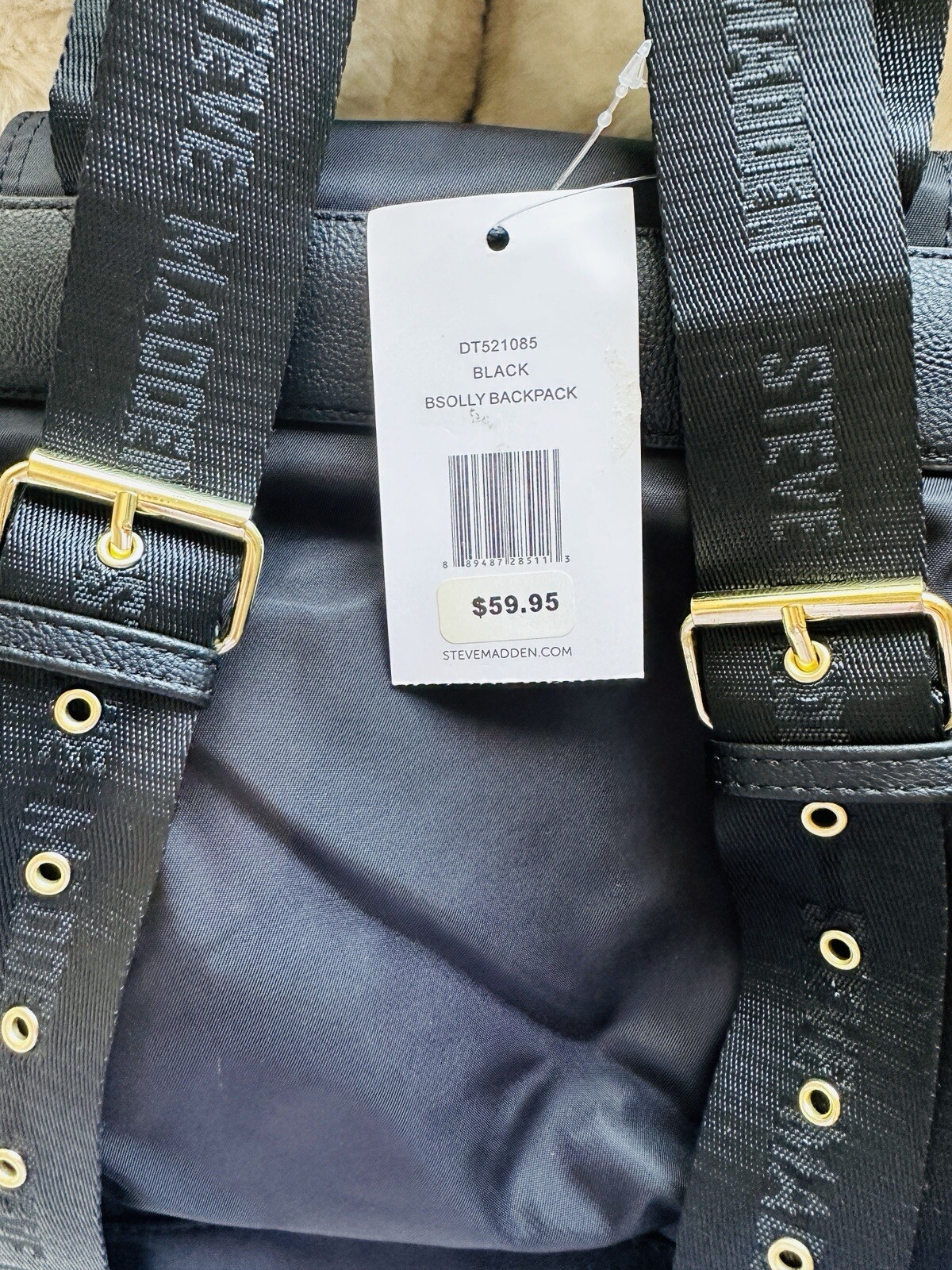 NWT Steve Madden BSOLLY Backpack Adjustable Straps Black Gold Burberry Dupe