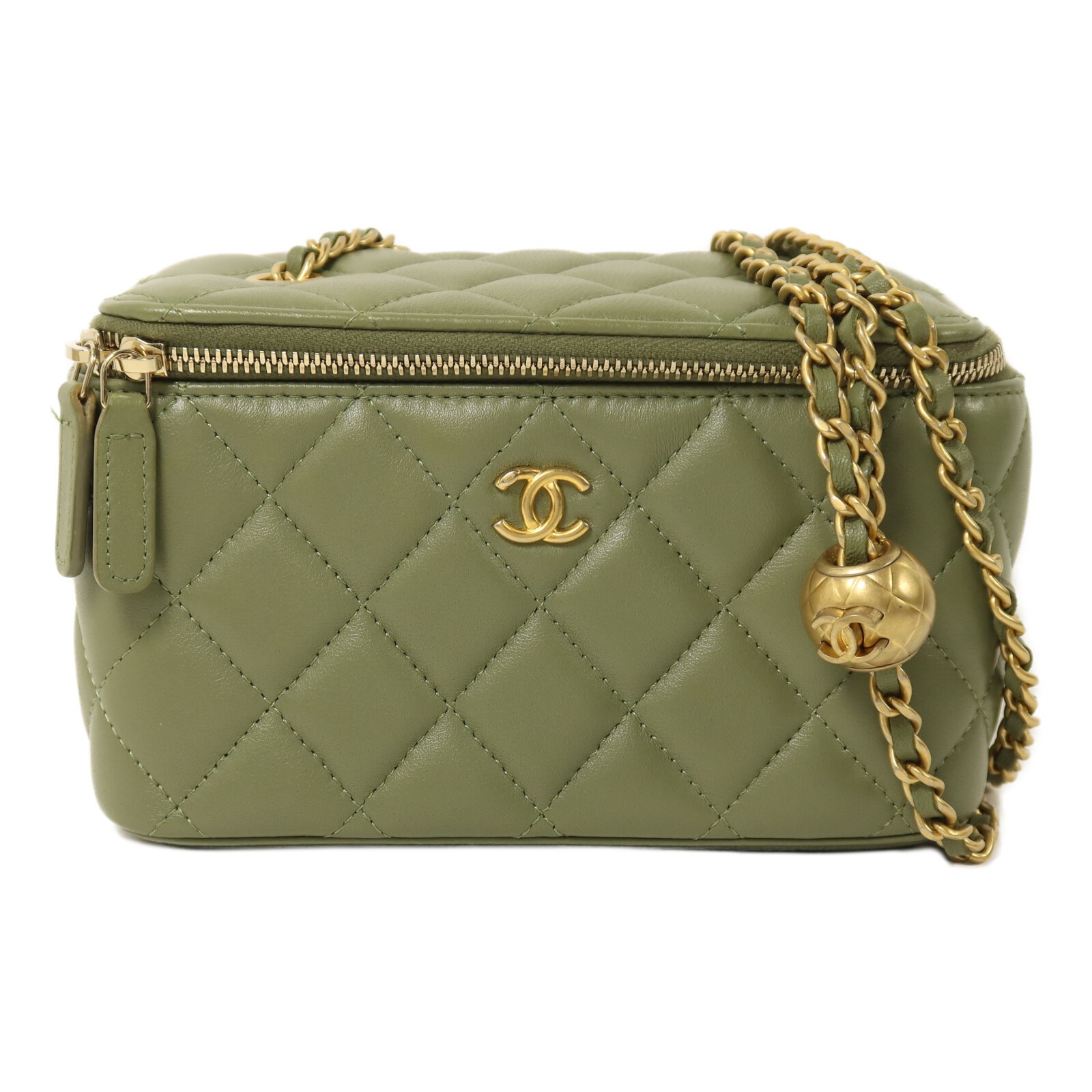 CHANEL CC GHW Vanity Case With Gold Ball Chain Shoulder Bag Lambskin Green