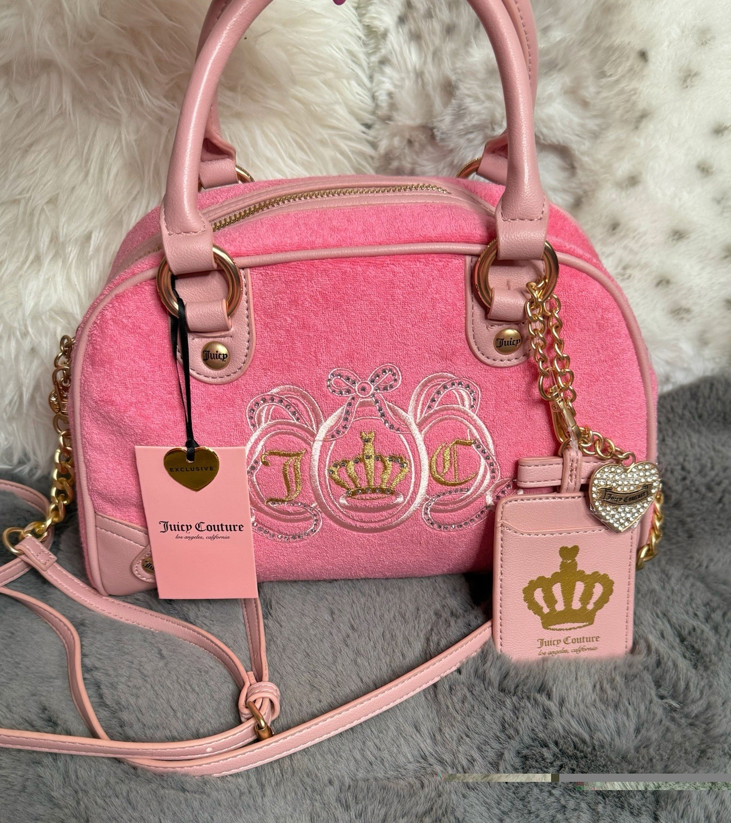 NWT Juicy Couture Lovers Club Pink Velour Bowler Bag Satchel Crossbody Crown