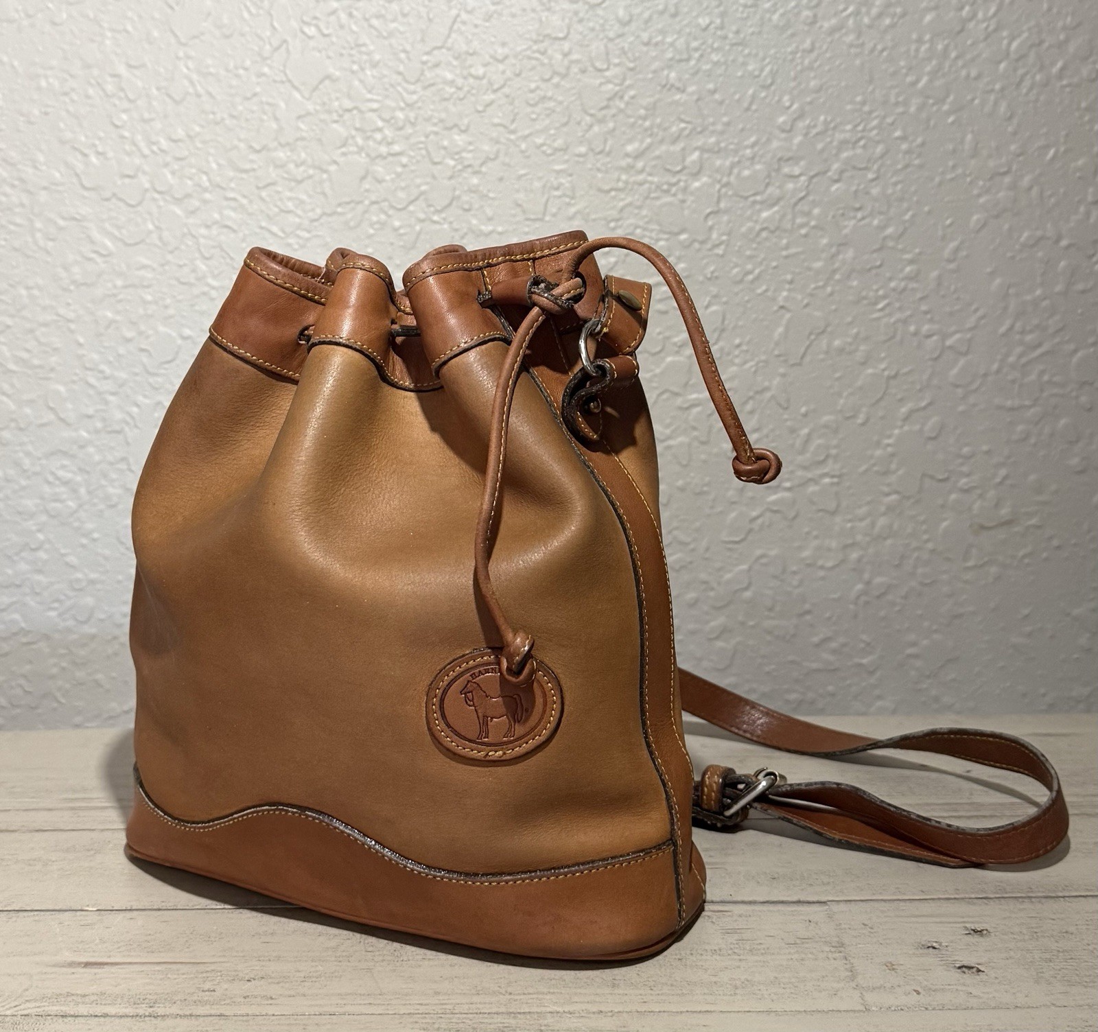 Vintage Harness Leather Drawstring Bucket Bag – Rustic Cognac Leather Crossbody