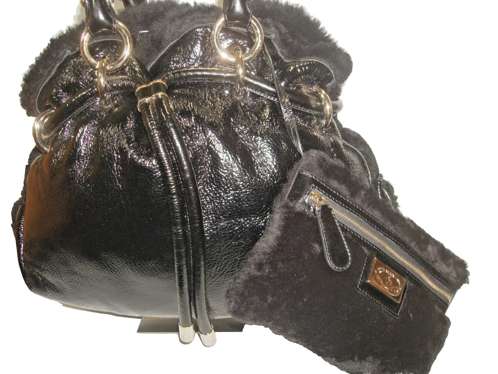 Bally Black Crinkle Patent Leather + Shearling Trim & Wristlet Shoulder Bag MINT