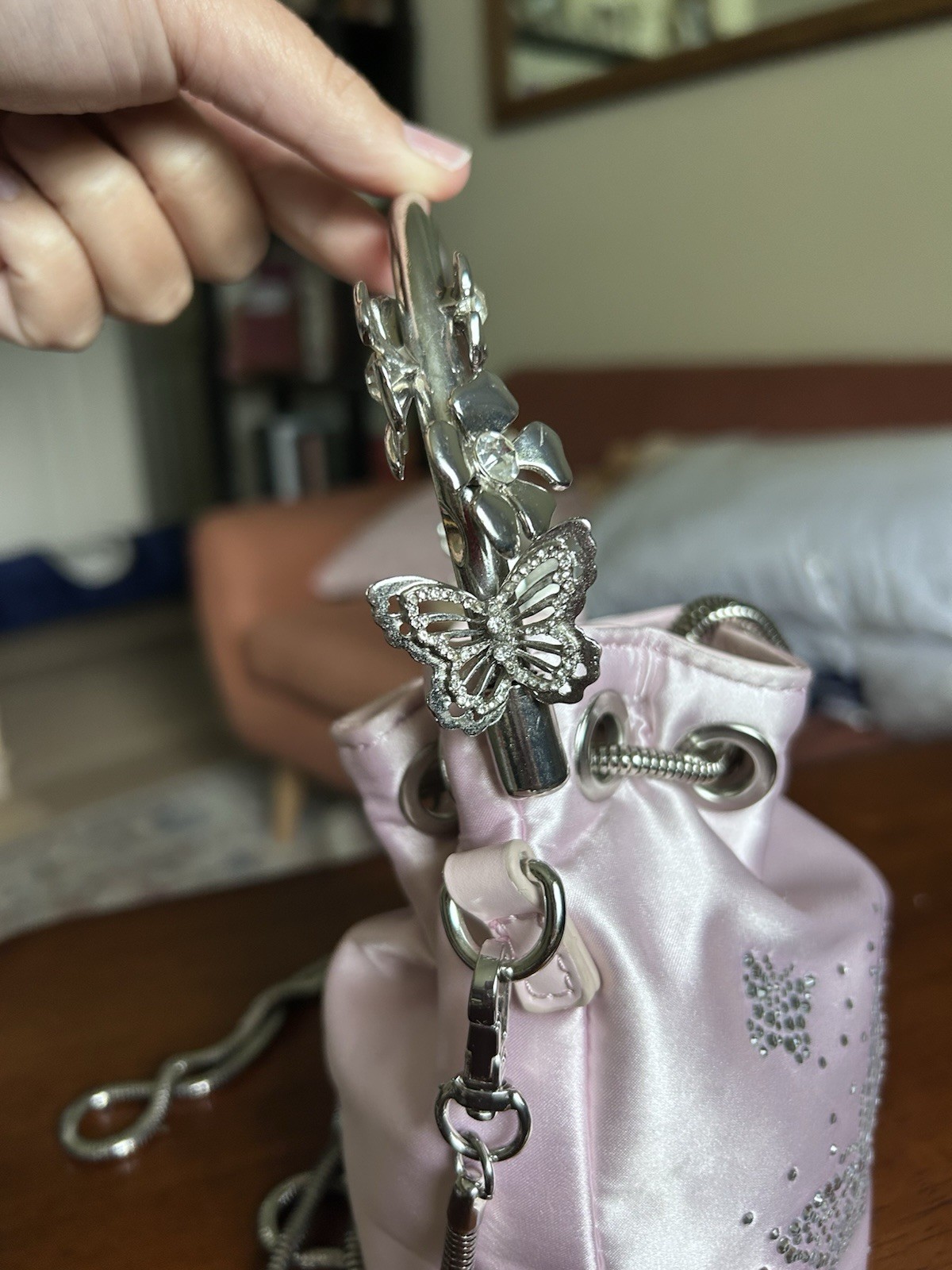 Wicked x Aldo Pink Rhinestone Butterfly Small Bucket Bag Top Handle Chain Strap