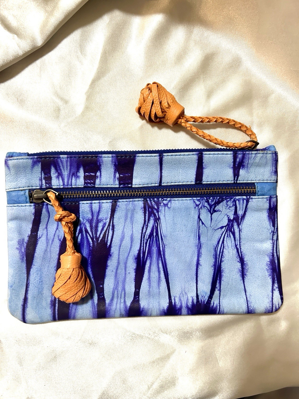 Anthropologie Jasper & Jeera Leather Shibori Clutch Indigo Tassel Pouch