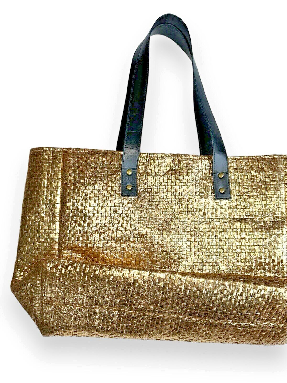 Signature Club A Gold Metallic Woven Straw Tote Bag Large Shoulder Purse Coastal