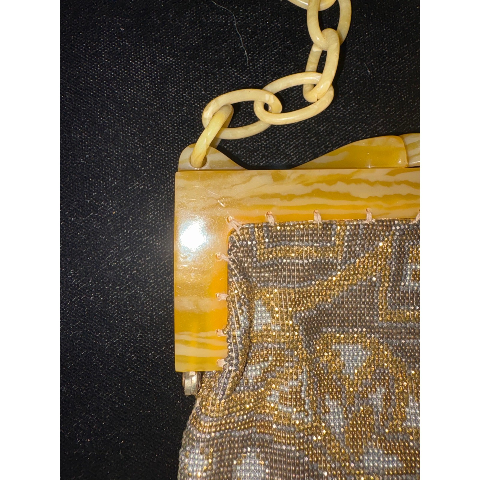 French Steel‑Beaded Evening Purse – 1920s–Early 1930s – Marbled Celluloid Frame