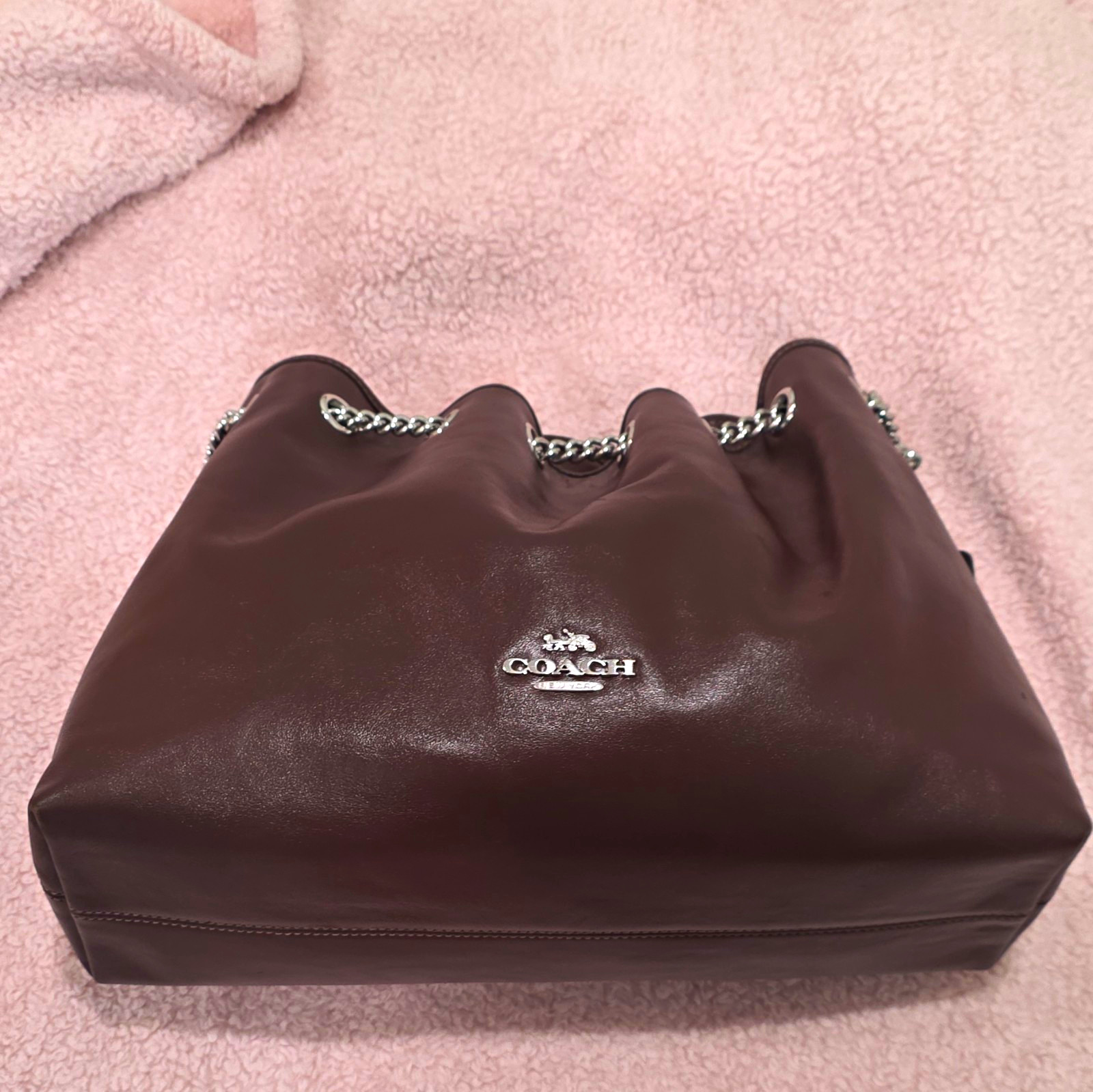Coach Brown Drawstring Bucket Bag Chain Logo Accents Detachable Crossbody Strap