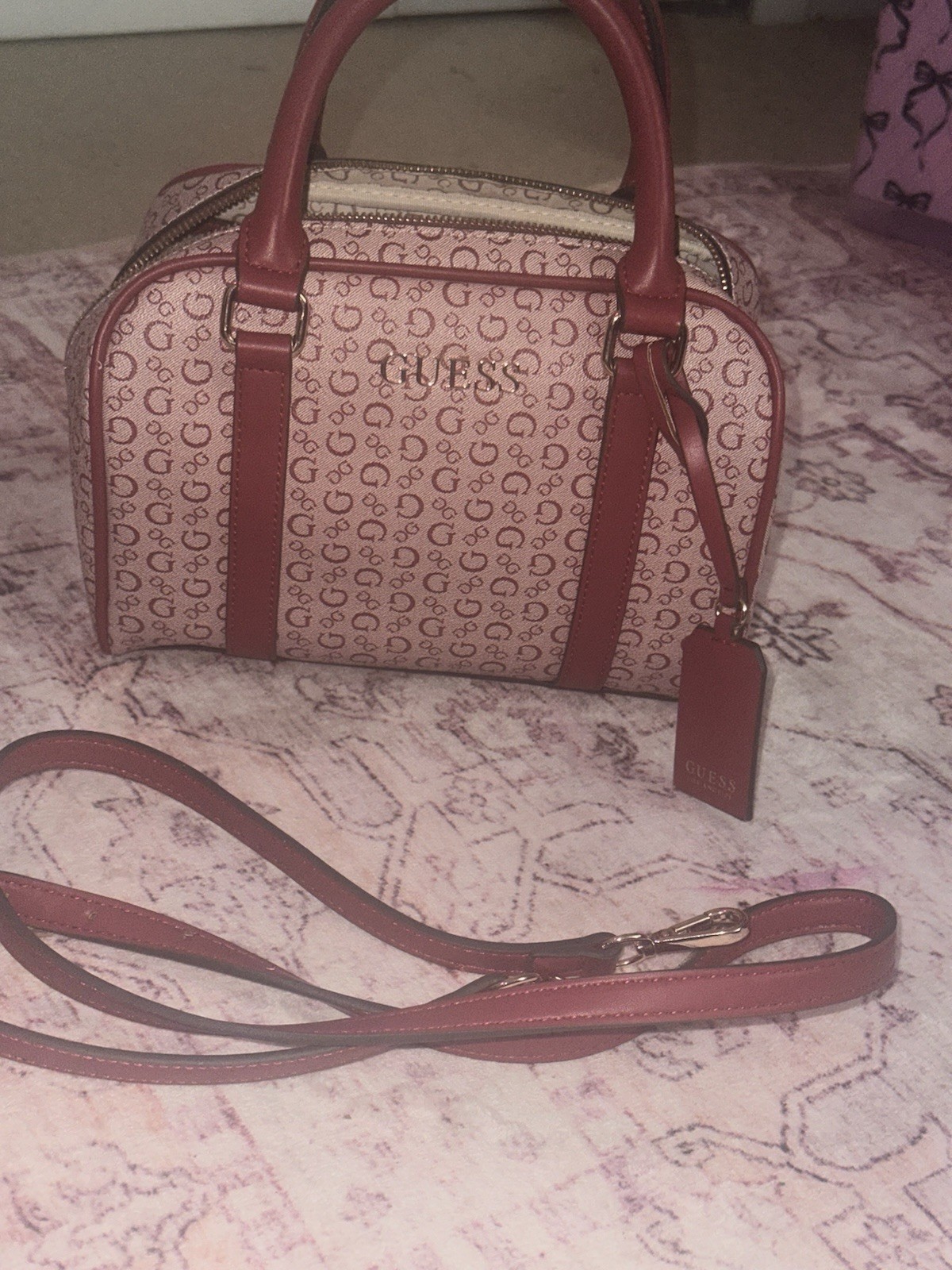 GUESS Red& Gold monogram y2k style bowling Boston crossbody hand bag purse
