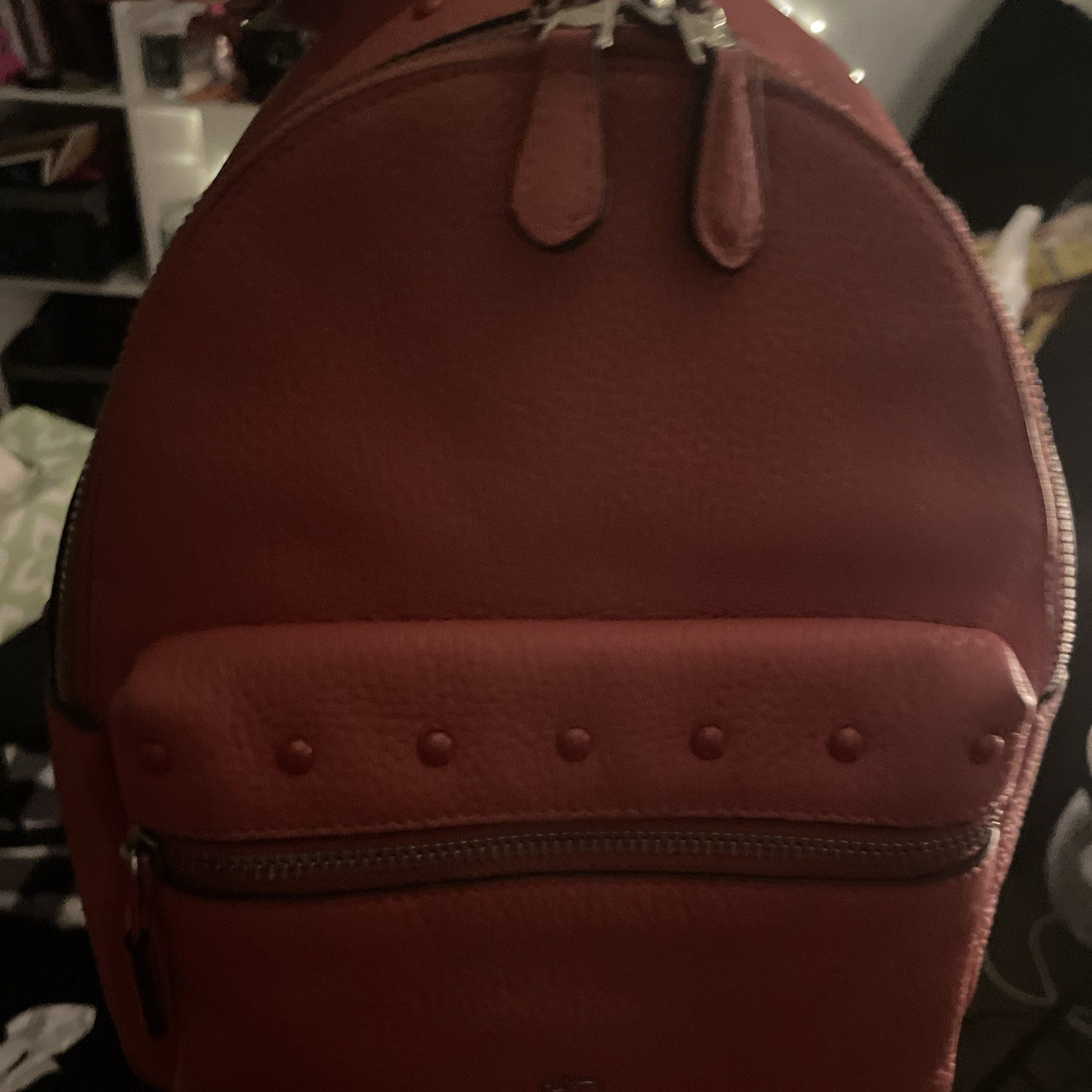 Coach F45070 Mini Charlie Backpack With Studs In Pebble Leather Coral PRE-OWNED