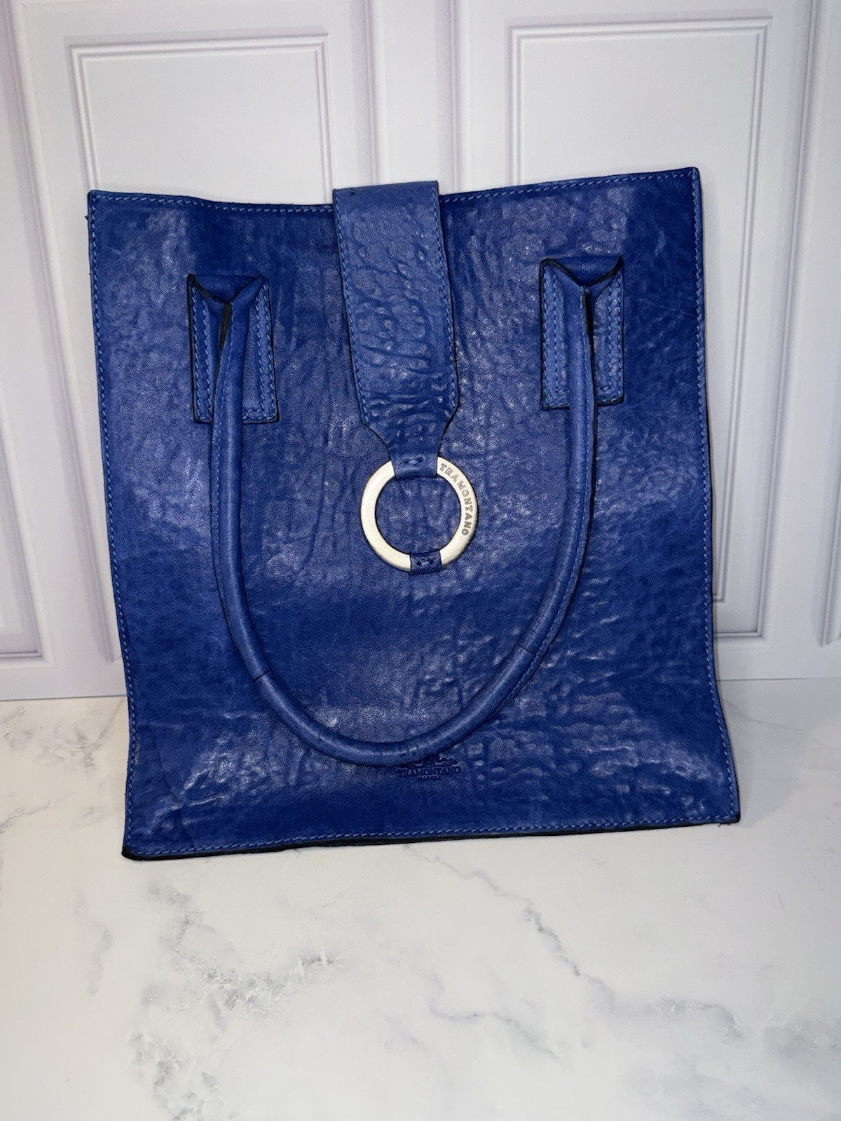 Tramontano Napoli Blue Italian Leather Tote Shoulder Bag Handmade Italy Large