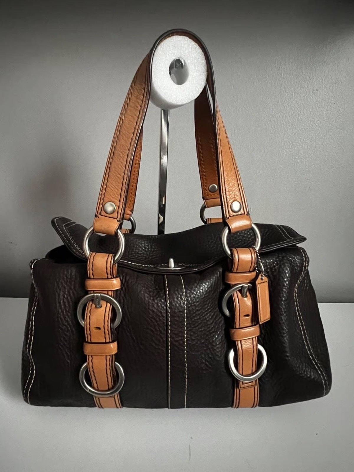 Coach Chelsea Vintage Leather Turnlock Satchel Bag Dk Brown Tan F12334 13/9/3”