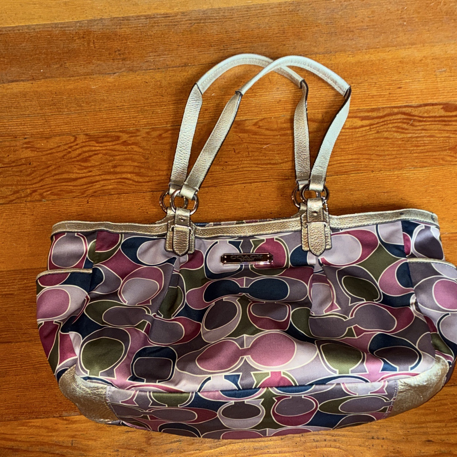 Coach Logo Print Large Tote Multicolor Metallic Silver Trim Zip Pockets