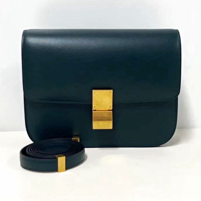 Auth Cert – CELINE Green Crossbody Box Bag Push Lock Gold Hardware
