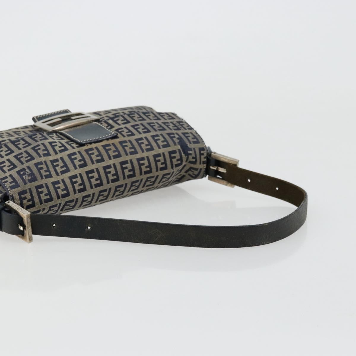 FENDI Zucchino Canvas Mamma Baguette Shoulder Bag Navy Silver Auth bs34528