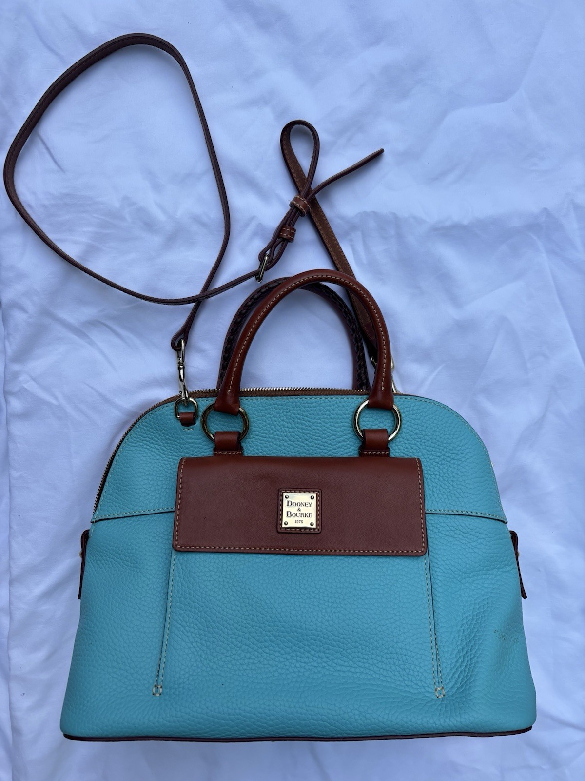 Dooney & Bourke Large Turquois Satchel Shoulder Bag Pebbled Leather Caramel Purs