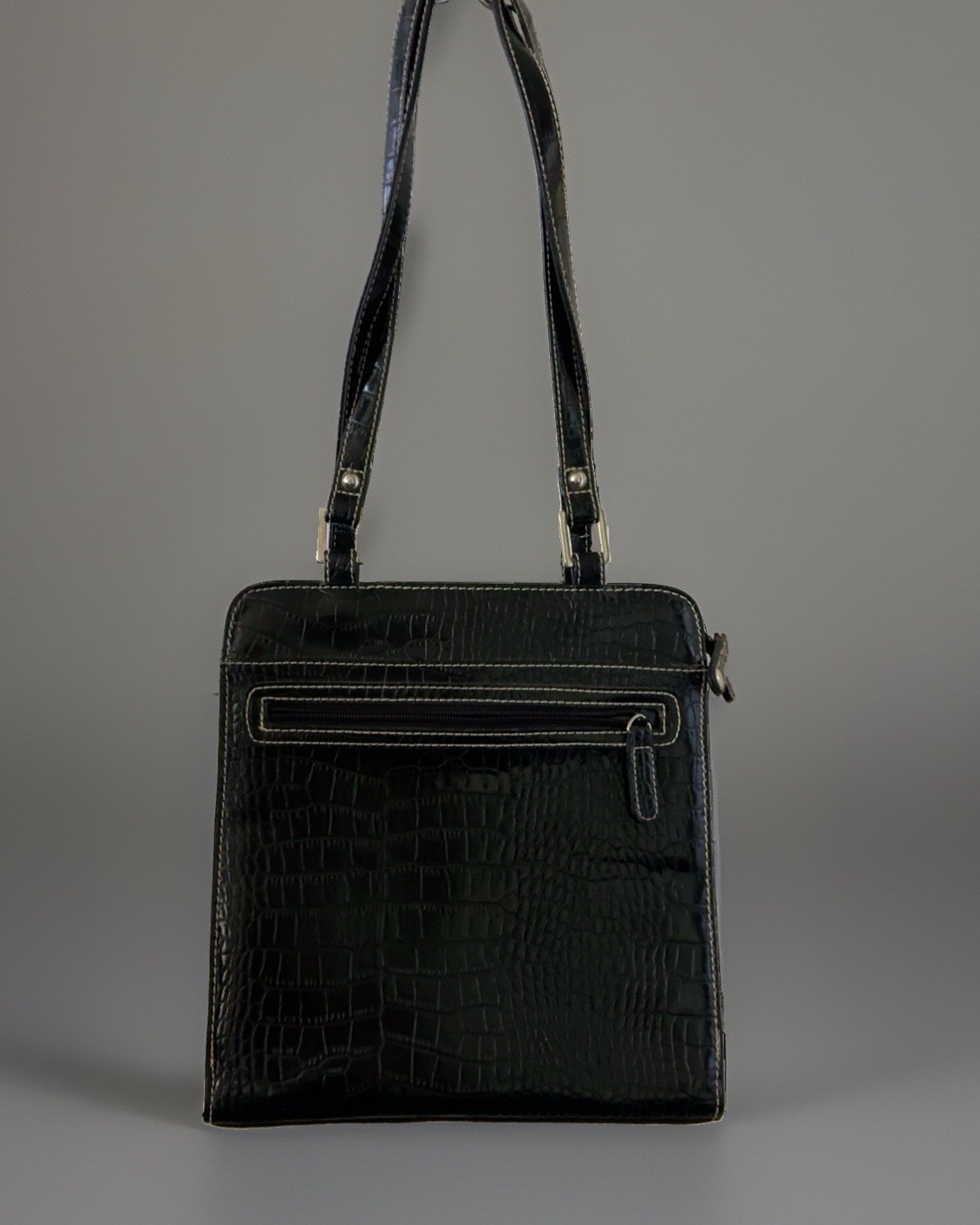 Villager Liz Claiborne Black Faux Croc Embossed 3 Section/ Shoulder Handbag NWT